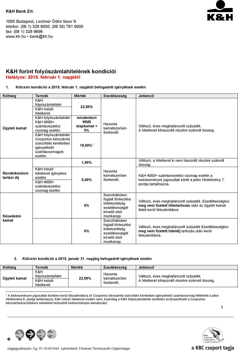 K&H folyószámlahitel mindenkori Ügyleti kamat MNB alapkamat + kamatszerűen 5% Rendelkezésre tartási díj Késedelmi kamat K&H folyószámlahitel Csoportos bérszámla szerződés kereteiben igényelhető