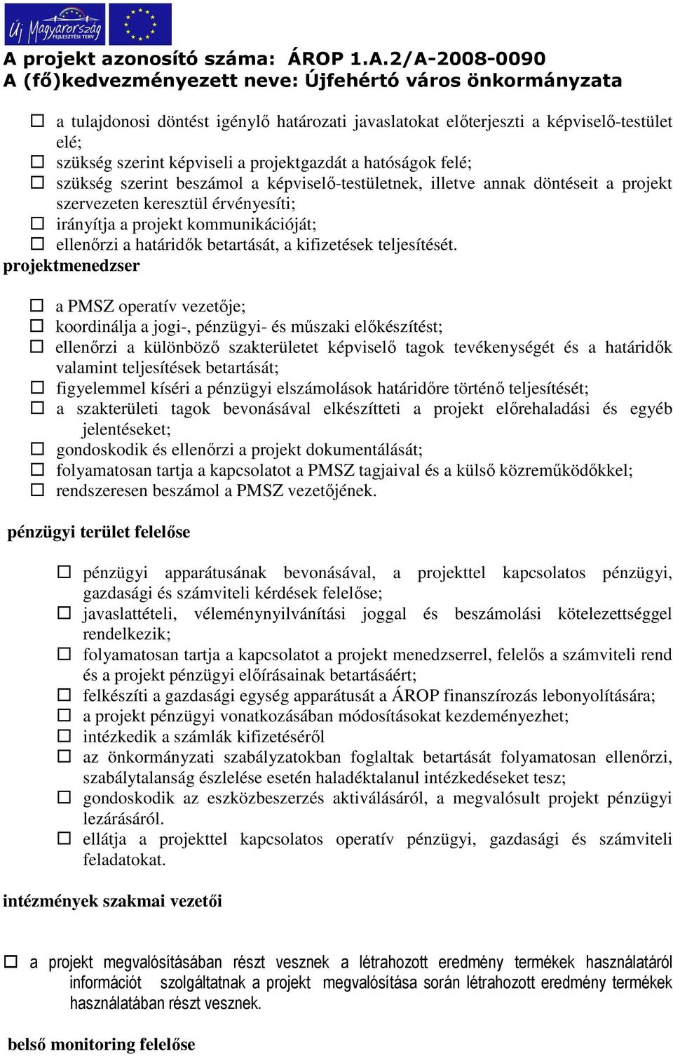 projektmenedzser a PMSZ operatív vezetője; koordinálja a jogi-, pénzügyi- és műszaki előkészítést; ellenőrzi a különböző szakterületet képviselő tagok tevékenységét és a határidők valamint