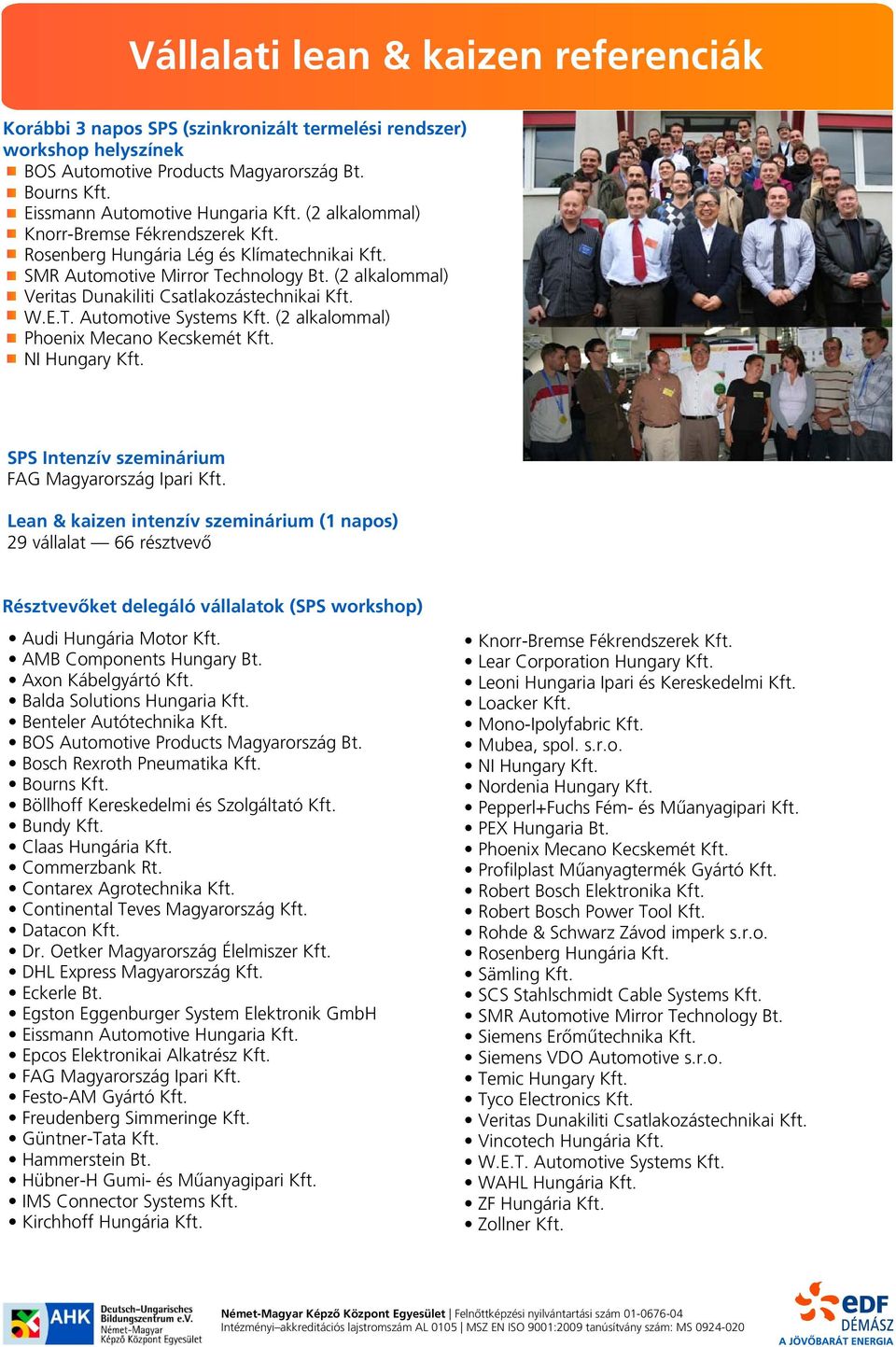 (2 alkalommal) Phoenix Mecano Kecskemét Kft. NI Hungary Kft. SPS Intenzív szeminárium FAG Magyarország Ipari Kft.