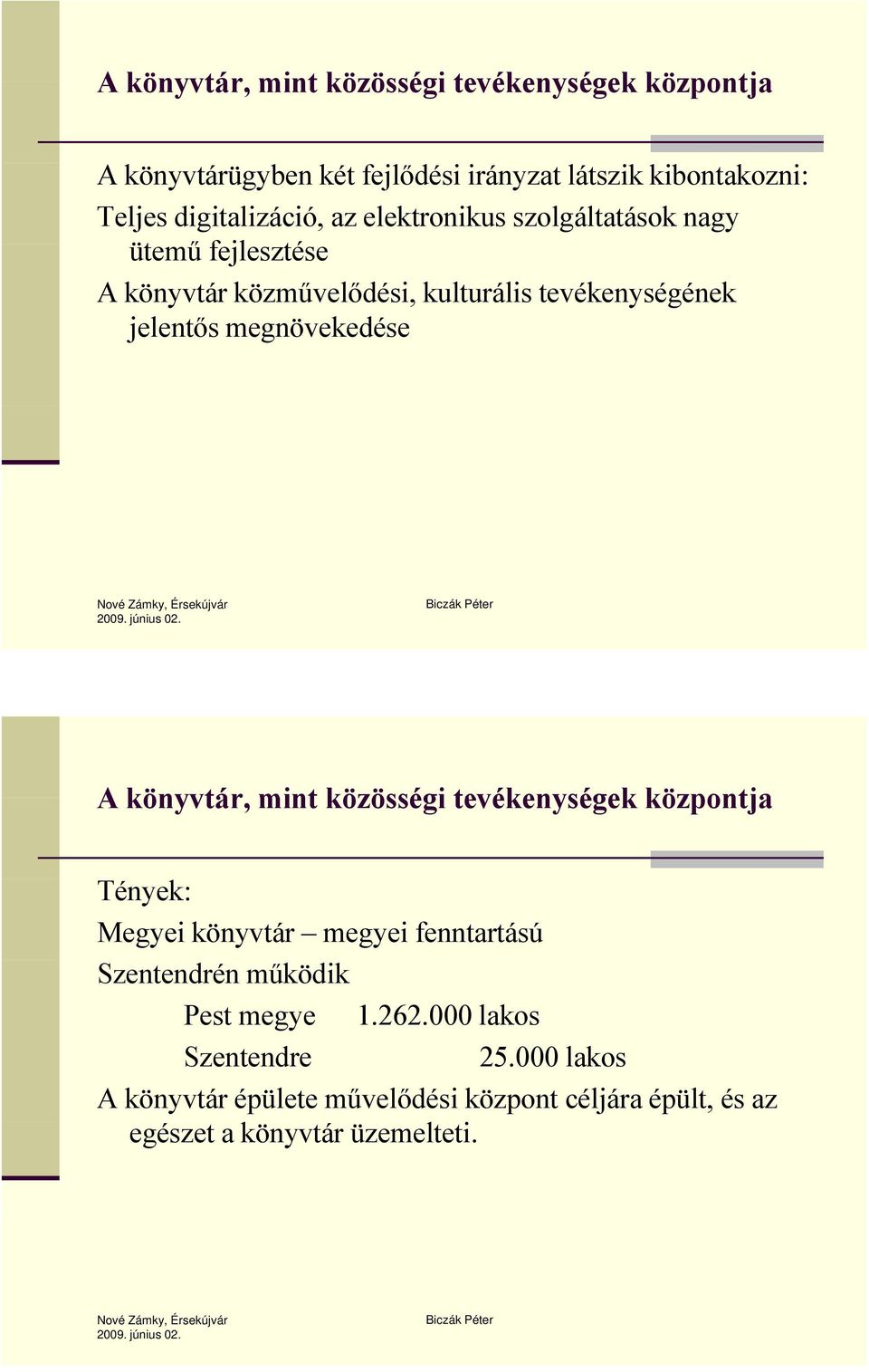 megnövekedése Tények: Megyei könyvtár megyei fenntartású Szentendrén működik Pest megye 1.262.