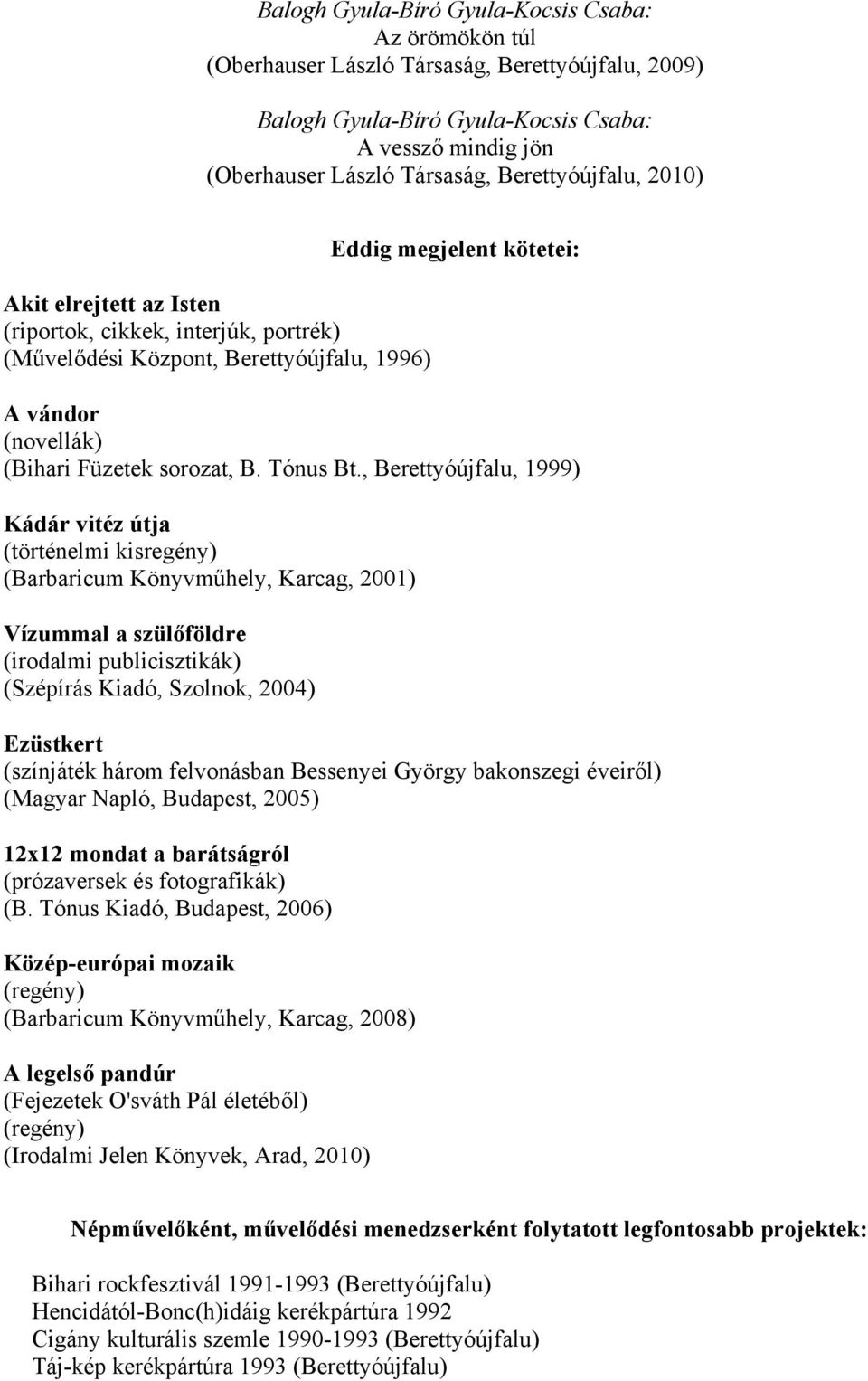 , Berettyóújfalu, 1999) Kádár vitéz útja (történelmi kisregény) (Barbaricum Könyvműhely, Karcag, 2001) Vízummal a szülőföldre (irodalmi publicisztikák) (Szépírás Kiadó, Szolnok, 2004) Ezüstkert