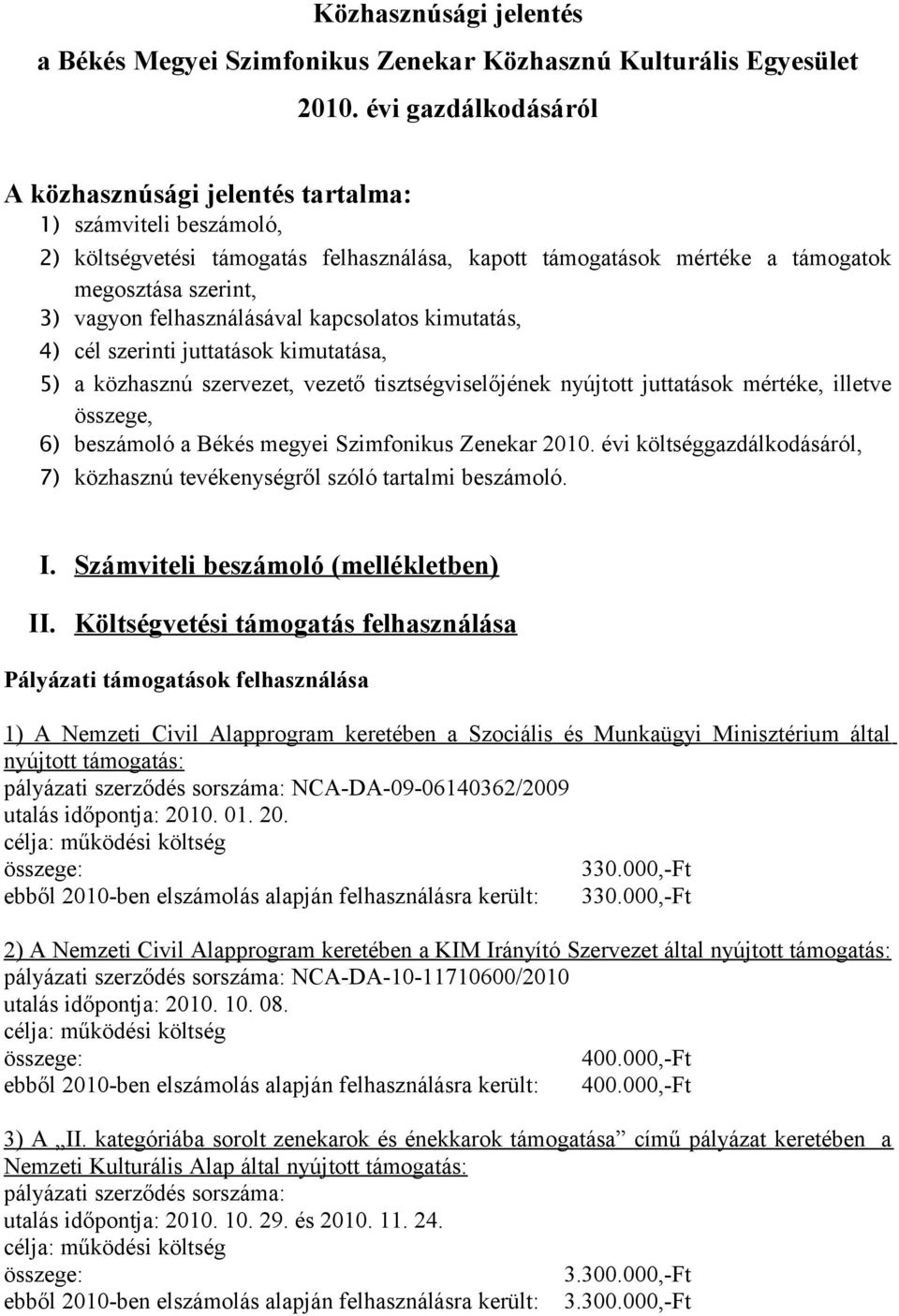 vagyon felhasználásával kapcsolatos kimutatás, cél szerinti juttatások kimutatása, a közhasznú szervezet, vezető tisztségviselőjének nyújtott juttatások mértéke, illetve összege, beszámoló a Békés