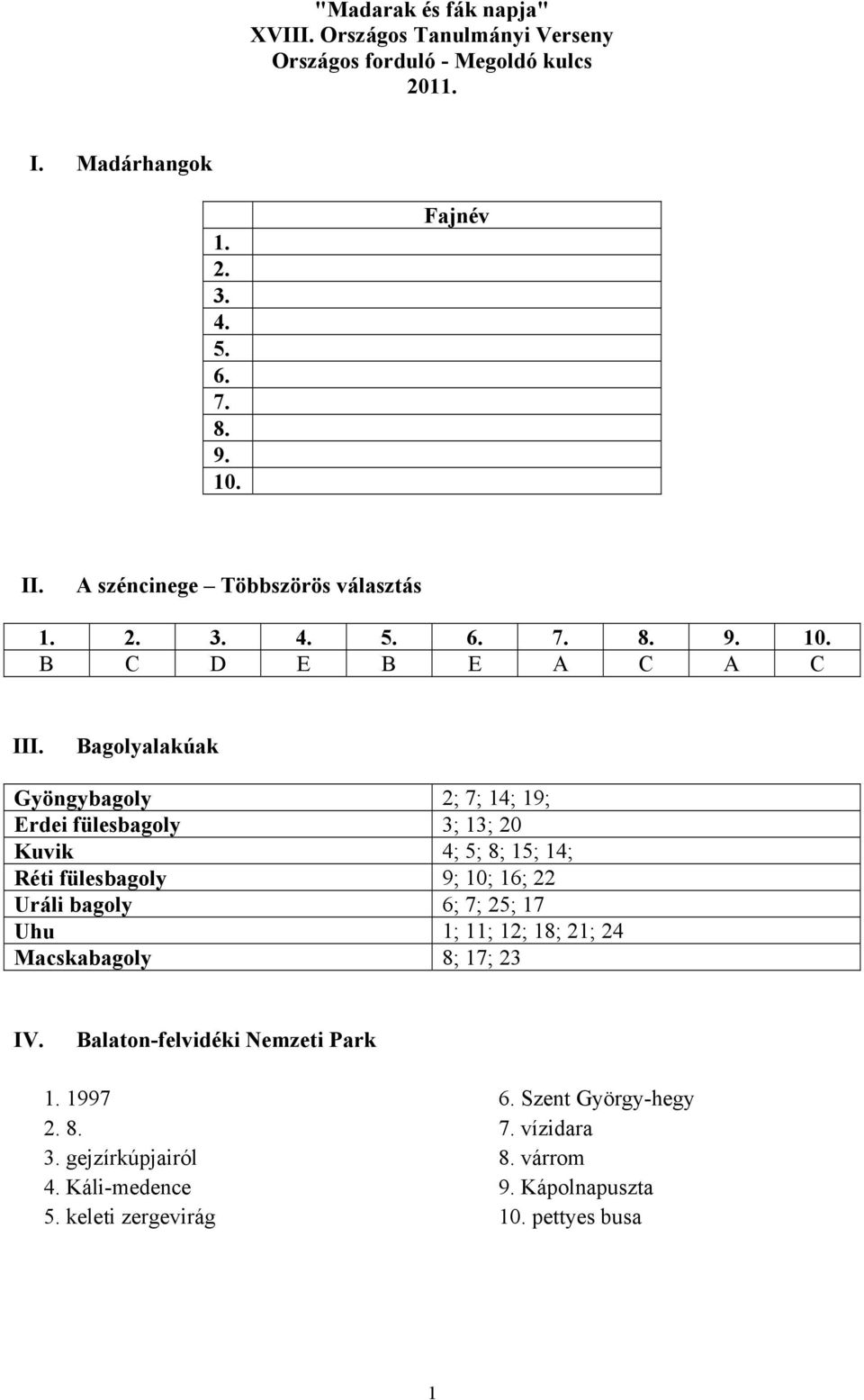 Bagolyalakúak Gyöngybagoly 2; 7; 14; 19; Erdei fülesbagoly 3; 13; 20 Kuvik 4; 5; 8; 15; 14; Réti fülesbagoly 9; 10; 16; 22 Uráli bagoly 6; 7; 25; 17 Uhu 1;