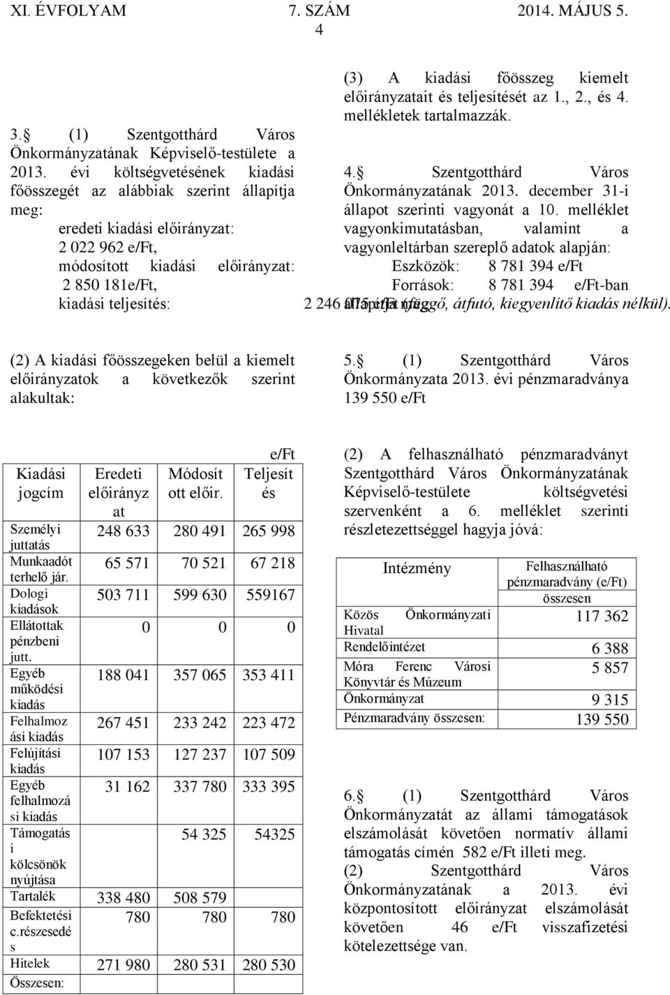 kiadási főösszeg kiemelt előirányzatait és teljesítését az 1., 2., és 4. mellékletek tartalmazzák. 4. Szentgotthárd Város Önkormányzatának 2013. december 31-i állapot szerinti vagyonát a 10.