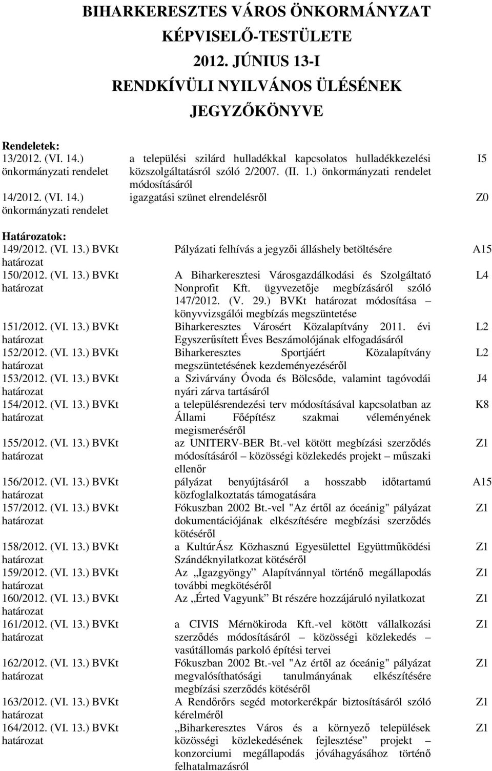 (VI. 13.) BVKt 158/2012. (VI. 13.) BVKt 159/2012. (VI. 13.) BVKt 160/2012. (VI. 13.) BVKt 161/2012. (VI. 13.) BVKt 162/2012. (VI. 13.) BVKt 163/2012. (VI. 13.) BVKt 164/2012. (VI. 13.) BVKt a települési szilárd hulladékkal kapcsolatos hulladékkezelési közszolgáltatásról szóló 2/2007.