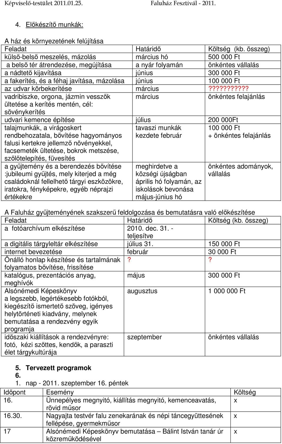 javítása, mázolása június 100 000 Ft az udvar körbekerítése március?