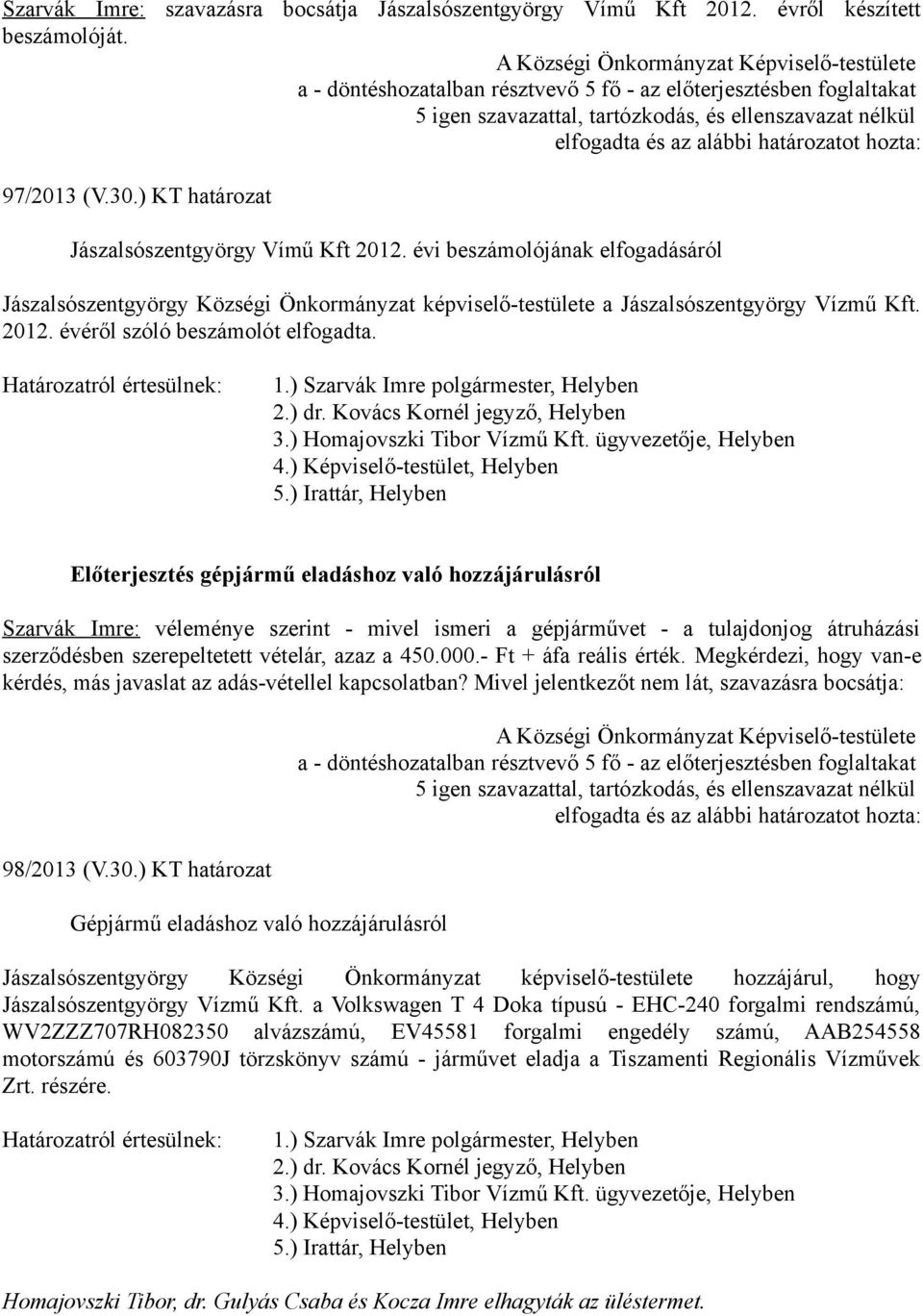ügyvezetője, Helyben 4.) Képviselő-testület, Helyben 5.