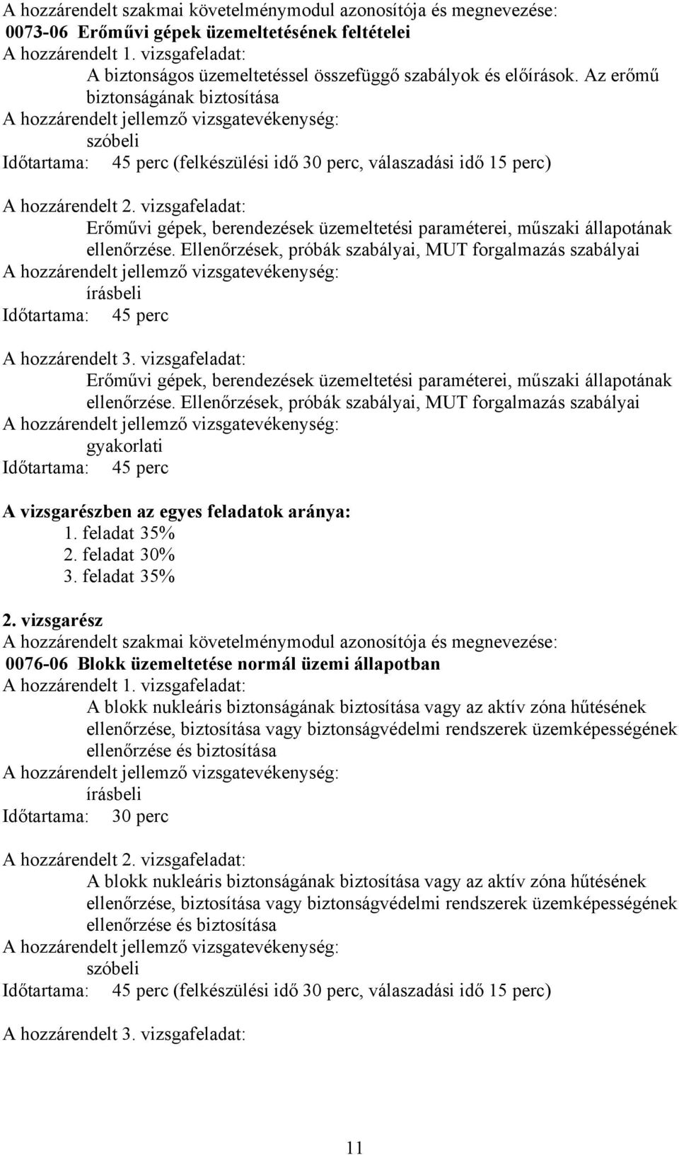 Az erőmű biztonságának biztosítása szóbeli Időtartama: 45 perc (felkészülési idő 30 perc, válaszadási idő 15 perc) A hozzárendelt 2.