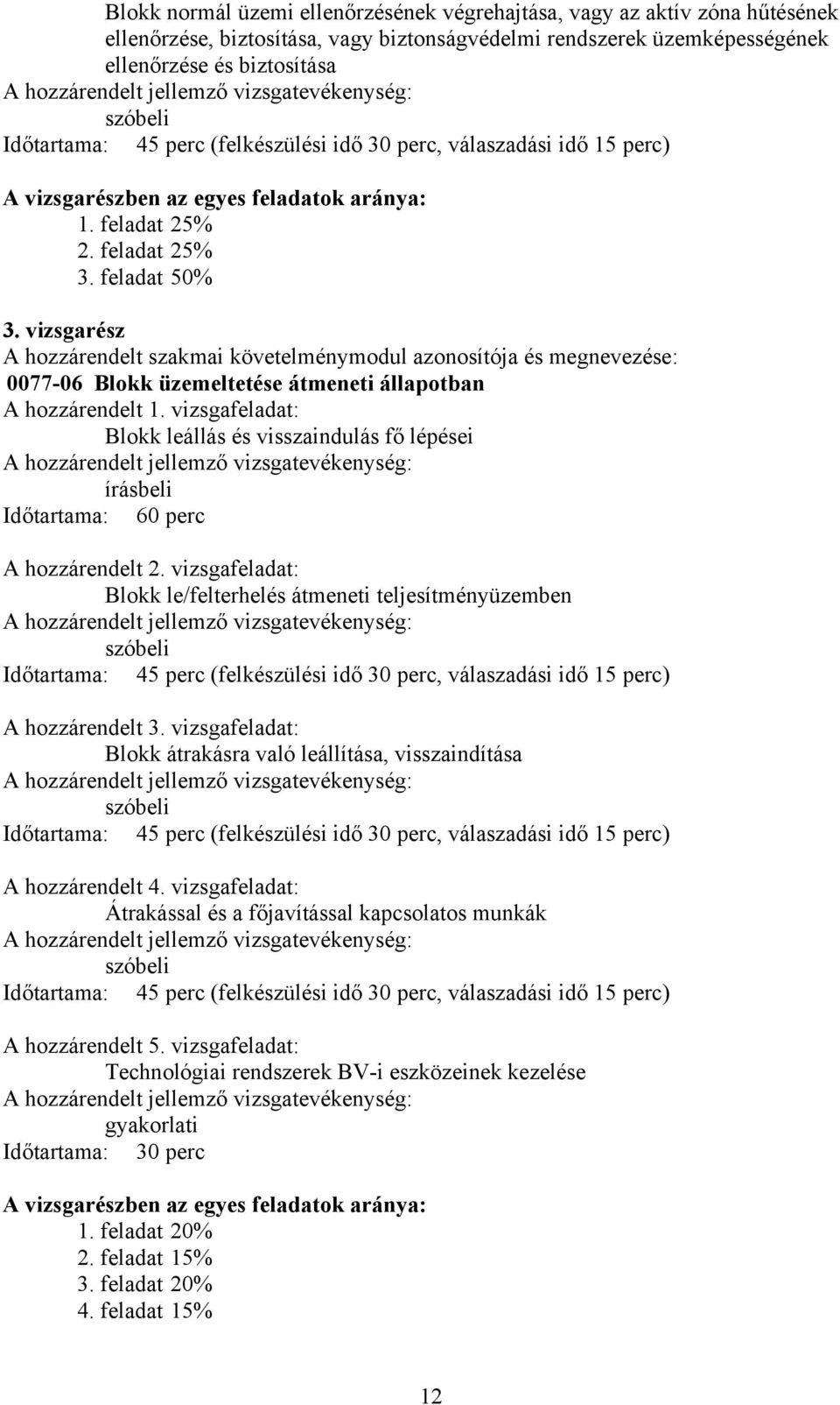 vizsgarész A hozzárendelt szakmai követelménymodul azonosítója és megnevezése: 0077-06 Blokk üzemeltetése átmeneti állapotban A hozzárendelt 1.