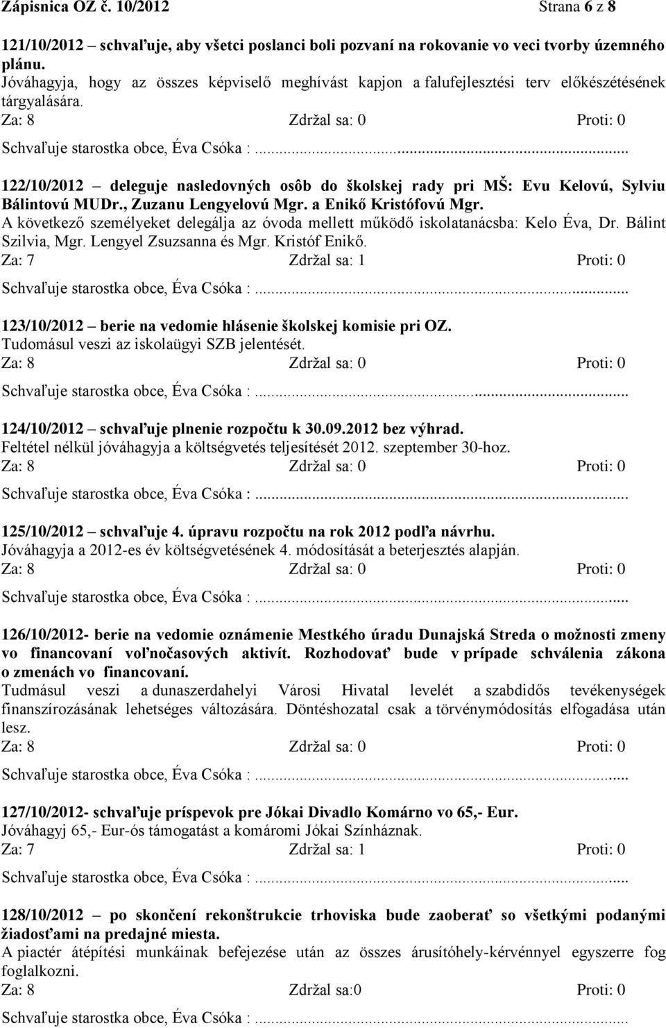 122/10/2012 deleguje nasledovných osôb do školskej rady pri MŠ: Evu Kelovú, Sylviu Bálintovú MUDr., Zuzanu Lengyelovú Mgr. a Enikő Kristófovú Mgr.