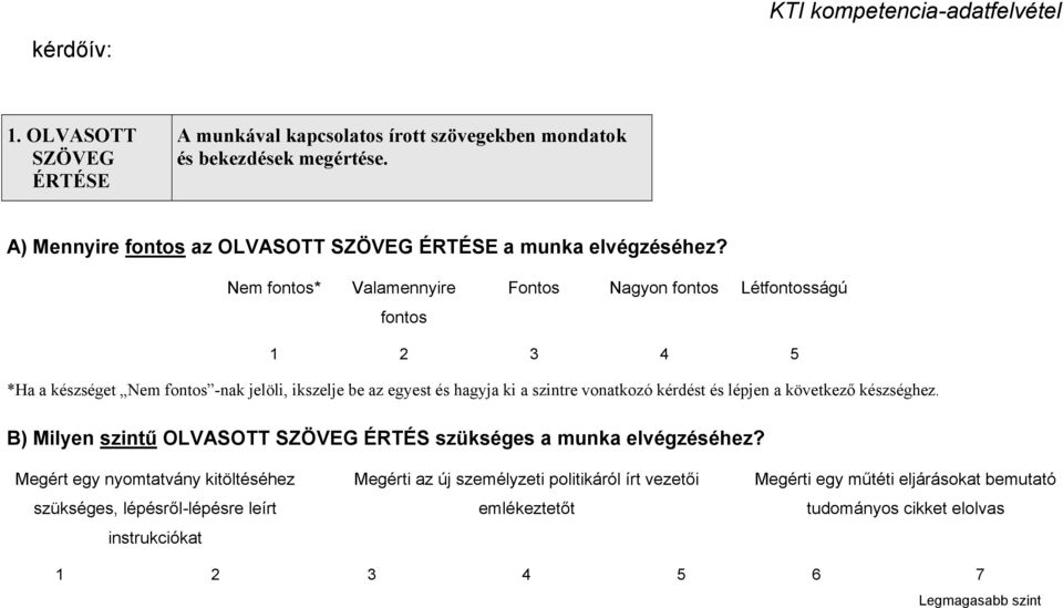 Nem fontos* Valamennyire fontos Fontos Nagyon fontos Létfontosságú 1 2 3 4 5 *Ha a készséget Nem fontos -nak jelöli, ikszelje be az egyest és hagyja ki a szintre vonatkozó kérdést és