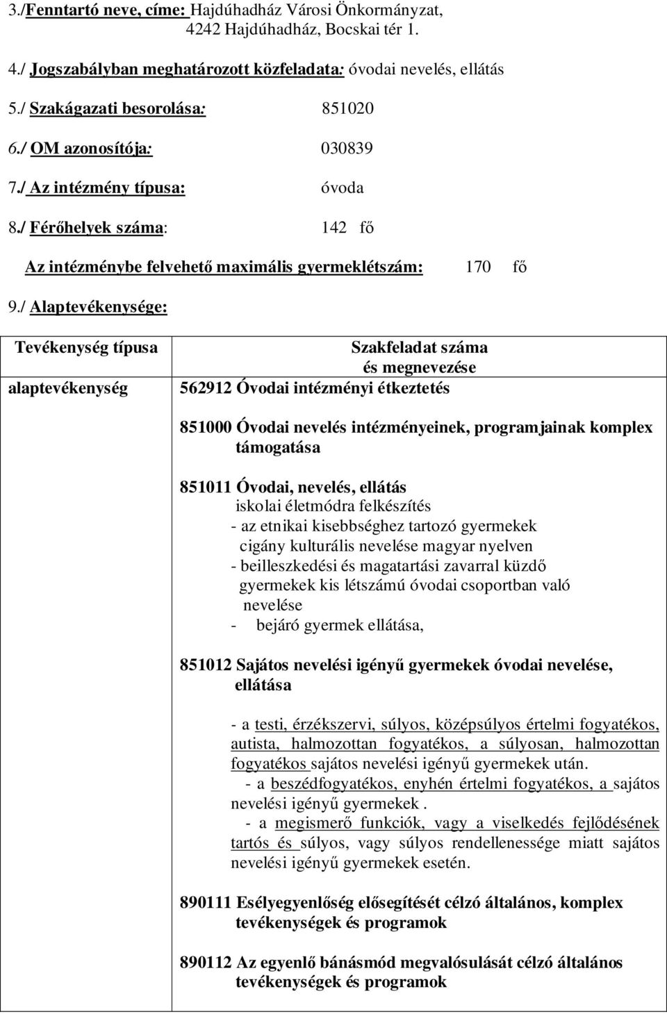 / Alaptevékenysége: Tevékenység típusa alaptevékenység Szakfeladat száma és megnevezése 562912 Óvodai intézményi étkeztetés 851000 Óvodai nevelés intézményeinek, programjainak komplex támogatása