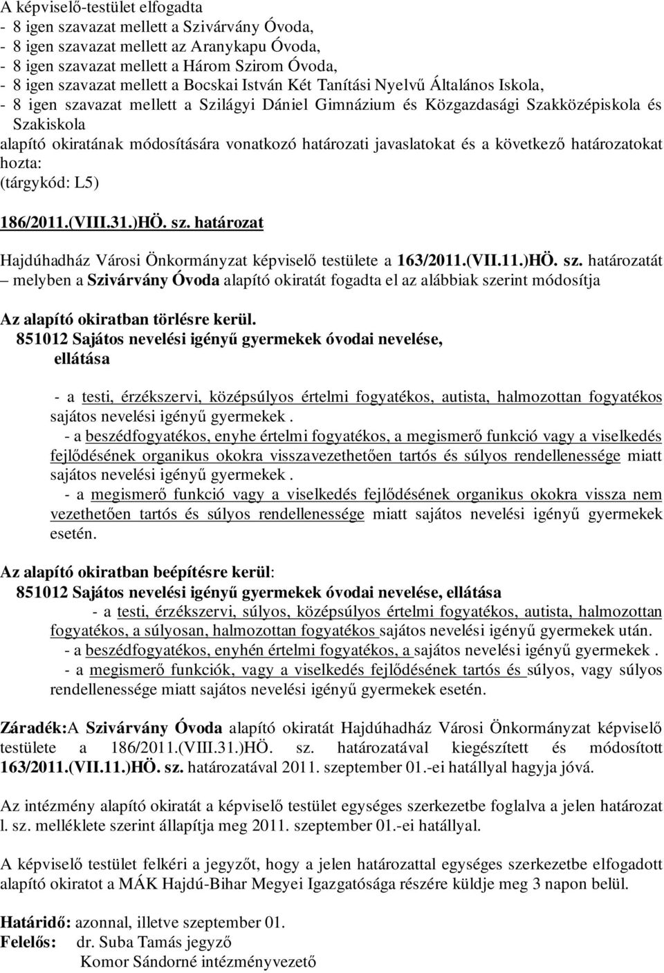 határozati javaslatokat és a következő határozatokat hozta: (tárgykód: L5) 186/2011.(VIII.31.)HÖ. sz.