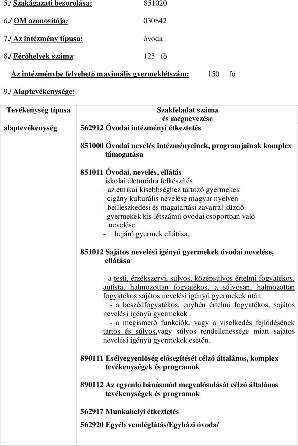 851011 Óvodai, nevelés, ellátás iskolai életmódra felkészítés - az etnikai kisebbséghez tartozó gyermekek cigány kulturális nevelése magyar nyelven - beilleszkedési és magatartási zavarral küzdő