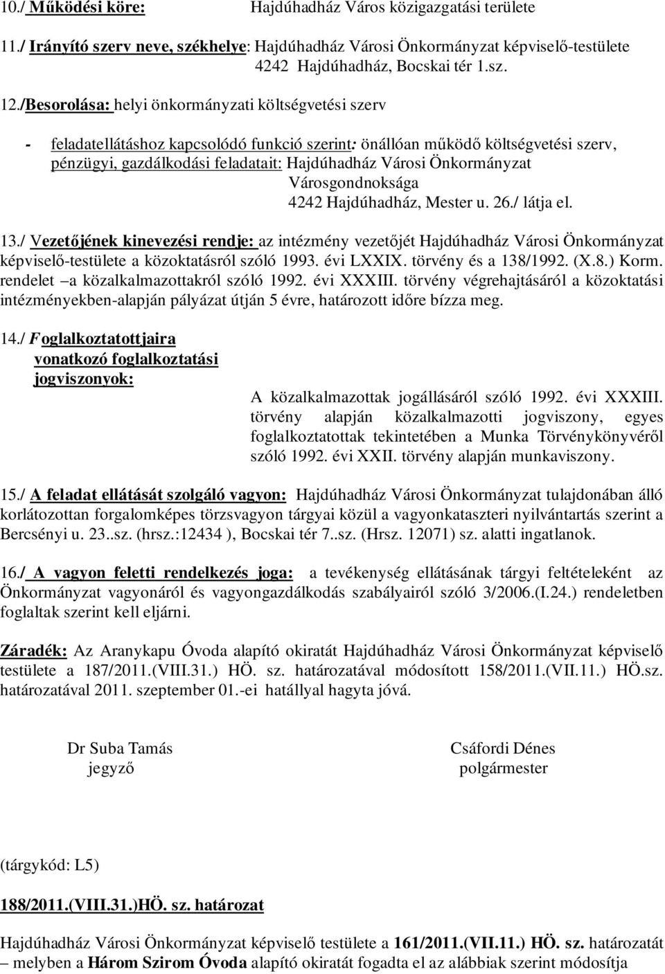 Önkormányzat Városgondnoksága 4242 Hajdúhadház, Mester u. 26./ látja el. 13.