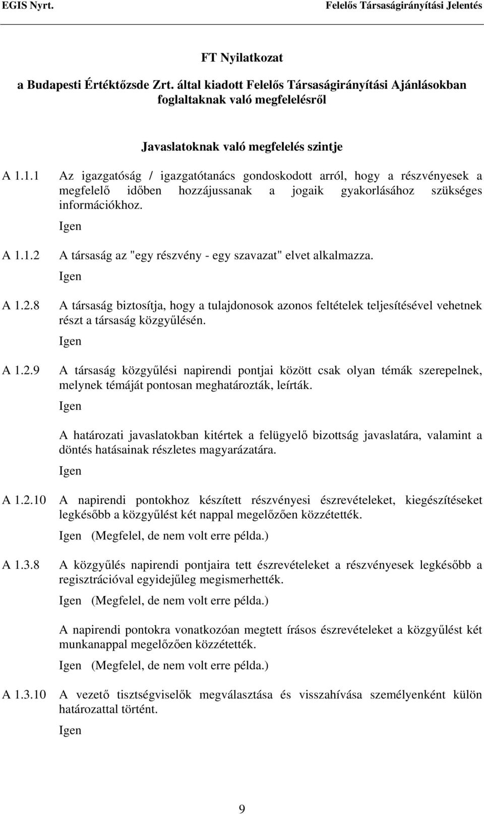 A társaság az "egy részvény - egy szavazat" elvet alkalmazza. A társaság biztosítja, hogy a tulajdonosok azonos feltételek teljesítésével vehetnek részt a társaság közgyűlésén.