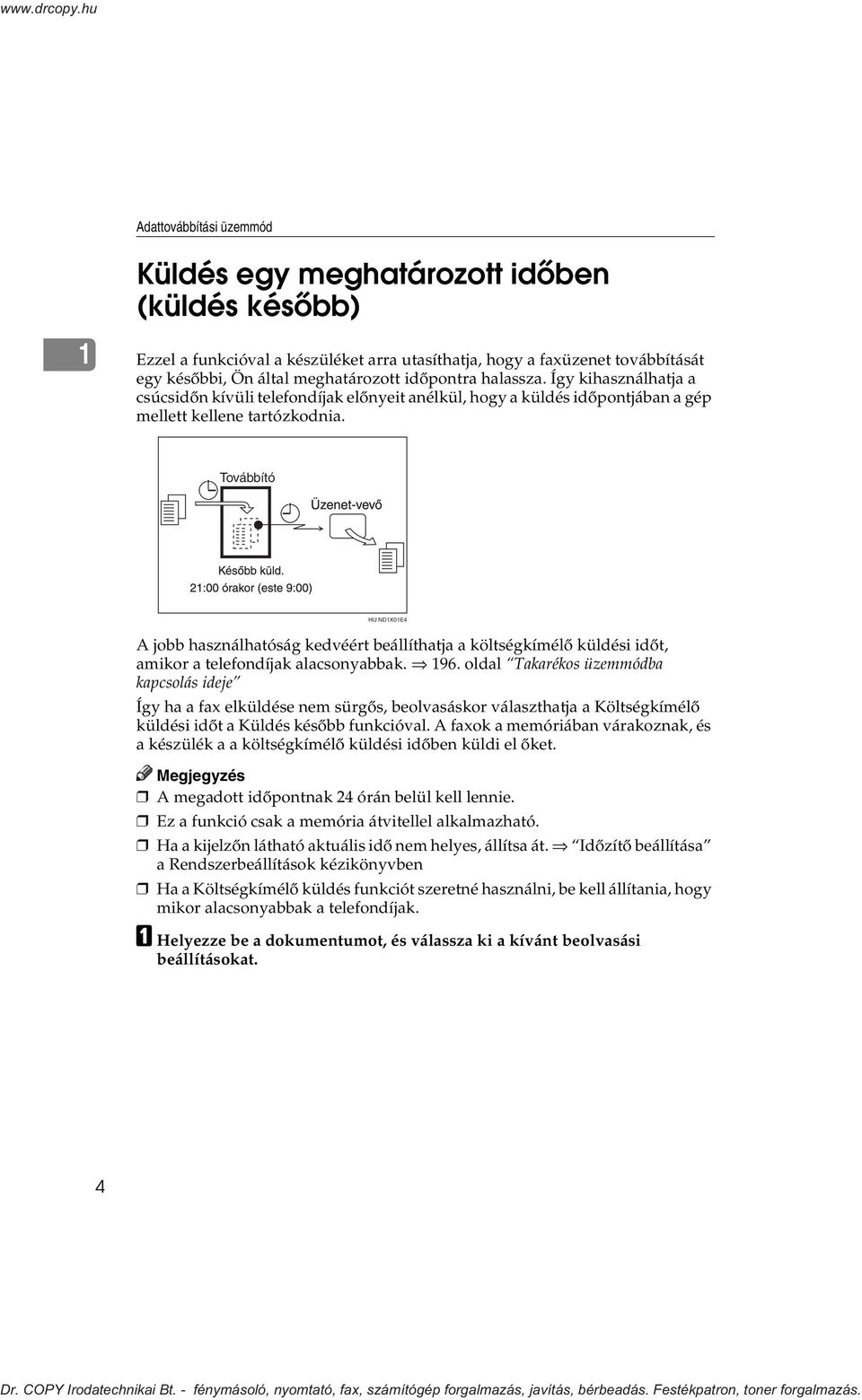 Továbbító HU ND1X01E4 A jobb használhatóság kedvéért beállíthatja a költségkímélõ küldési idõt, amikor a telefondíjak alacsonyabbak. 196.