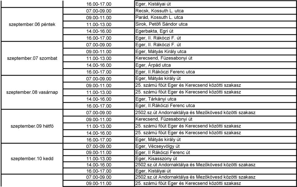 00-11.00 Eger, Mátyás Király utca 11.00-13.00 Kerecsend, Füzesabonyi út 14.00-16.00 Eger, Árpád utca 16.00-17.00 Eger, II.Rákóczi Ferenc utca 07.00-09.00 Eger, Mátyás király út 09.00-11.00 25.