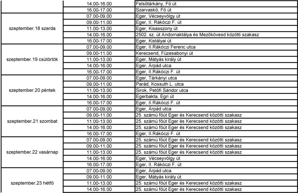 00 Eger, Kistályai út 07.00-09.00 Eger, II.Rákóczi Ferenc utca 09.00-11.00 Kerecsend, Füzesabonyi út 11.00-13.00 Eger, Mátyás király út 14.00-16.00 Eger, Árpád utca 16.00-17.00 Eger, II.Rákóczi F. út 07.00-09.00 Eger, Tárkányi utca 09.