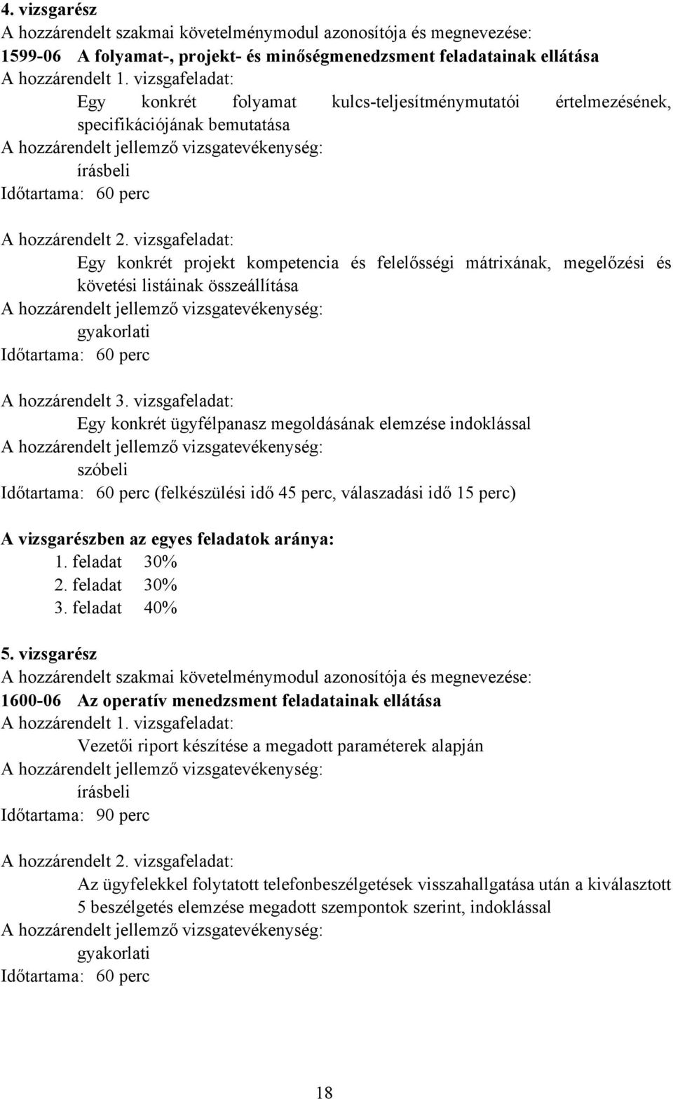 vizsgafeladat: Egy konkrét projekt kompetencia és felelősségi mátrixának, megelőzési és követési listáinak összeállítása gyakorlati Időtartama: 60 perc hozzárendelt 3.