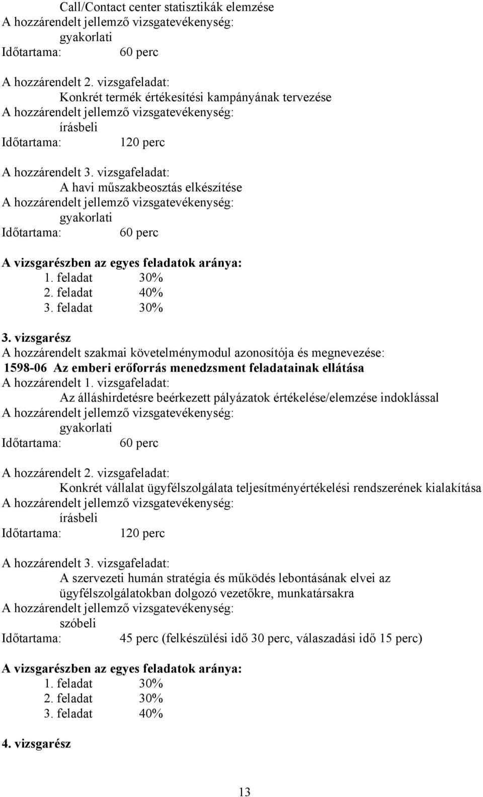 vizsgarész A hozzárendelt szakmai követelménymodul azonosítója és megnevezése: 1598-06 Az emberi erőforrás menedzsment feladatainak ellátása A hozzárendelt 1.