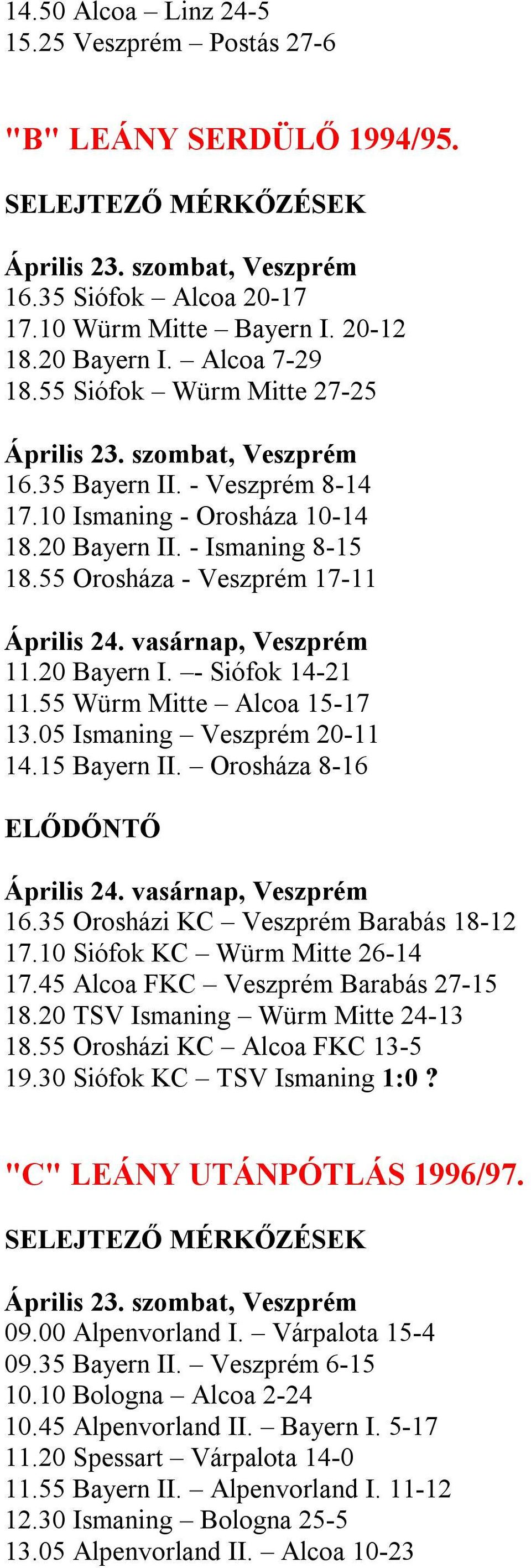 05 Ismaning Veszprém 20-11 14.15 Bayern II. Orosháza 8-16 16.35 Orosházi KC Veszprém Barabás 18-12 17.10 Siófok KC Würm Mitte 26-14 17.45 Alcoa FKC Veszprém Barabás 27-15 18.