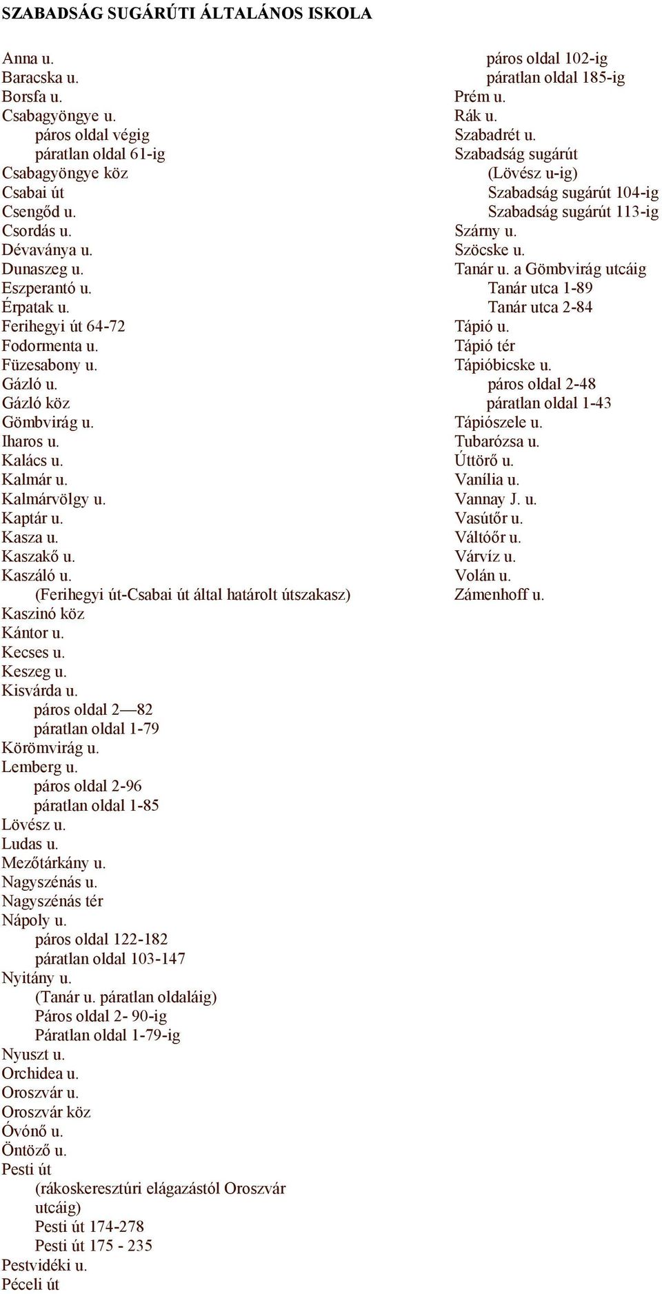 (Ferihegyi út-csabai út által határolt útszakasz) Kaszinó köz Kántor u. Kecses u. Keszeg u. Kisvárda u. páros oldal 2 82 páratlan oldal 1-79 Körömvirág u. Lemberg u.