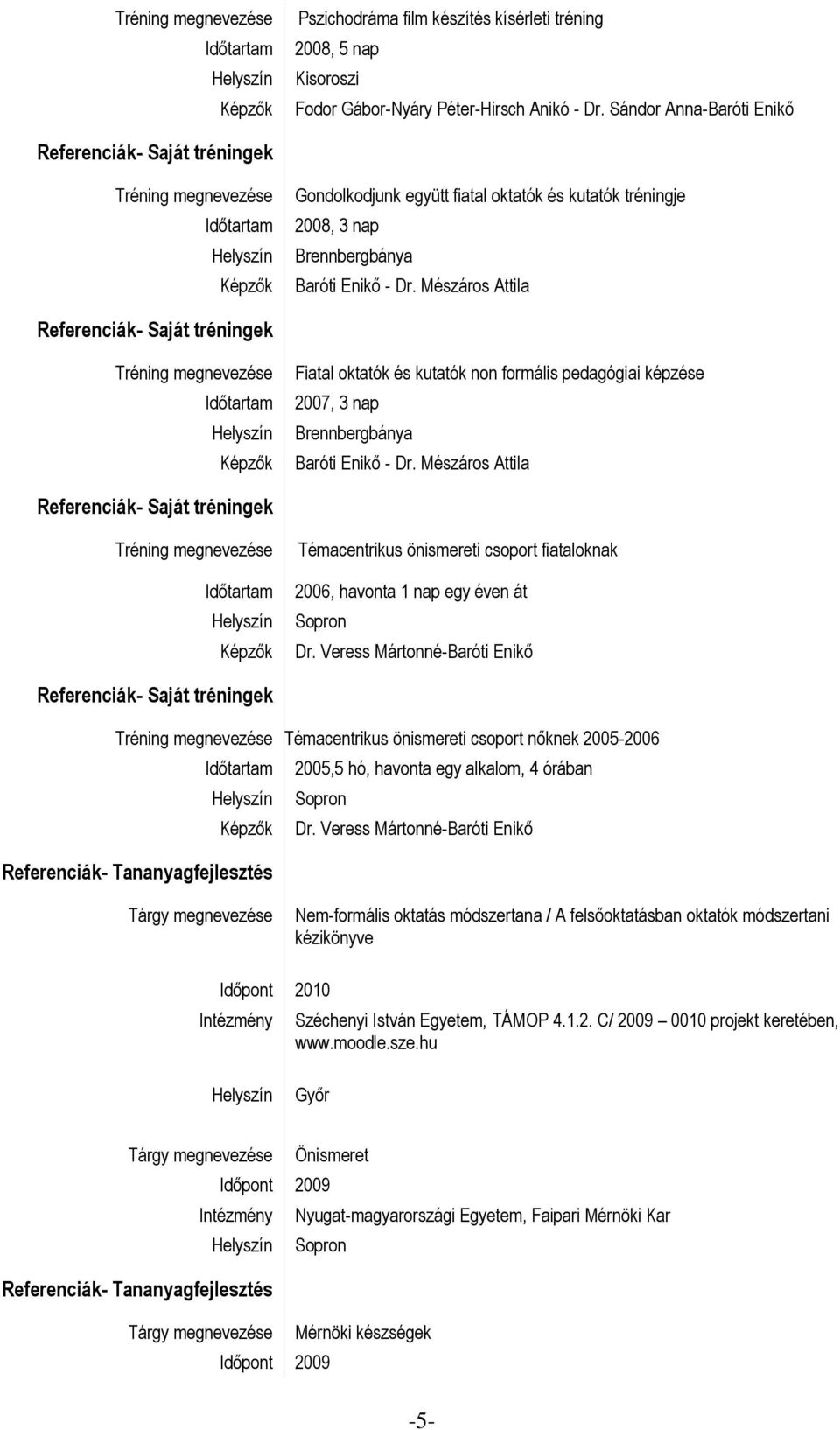 képzése 2007, 3 nap Brennbergbánya Tréning megnevezése Témacentrikus önismereti csoport fiataloknak 2006, havonta 1 nap egy éven át Sopron Dr.