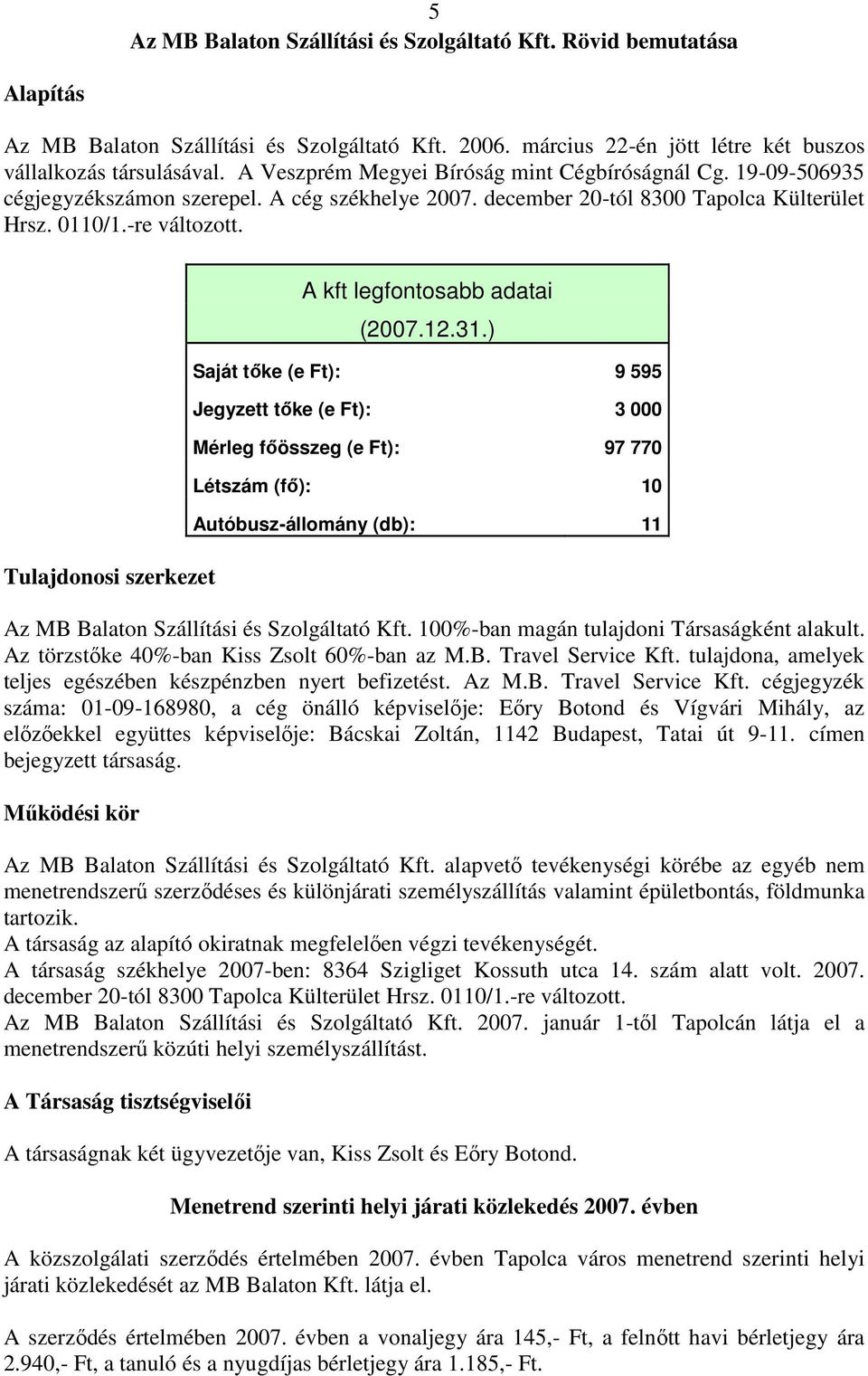 Tulajdonosi szerkezet A kft legfontosabb adatai (2007.12.31.