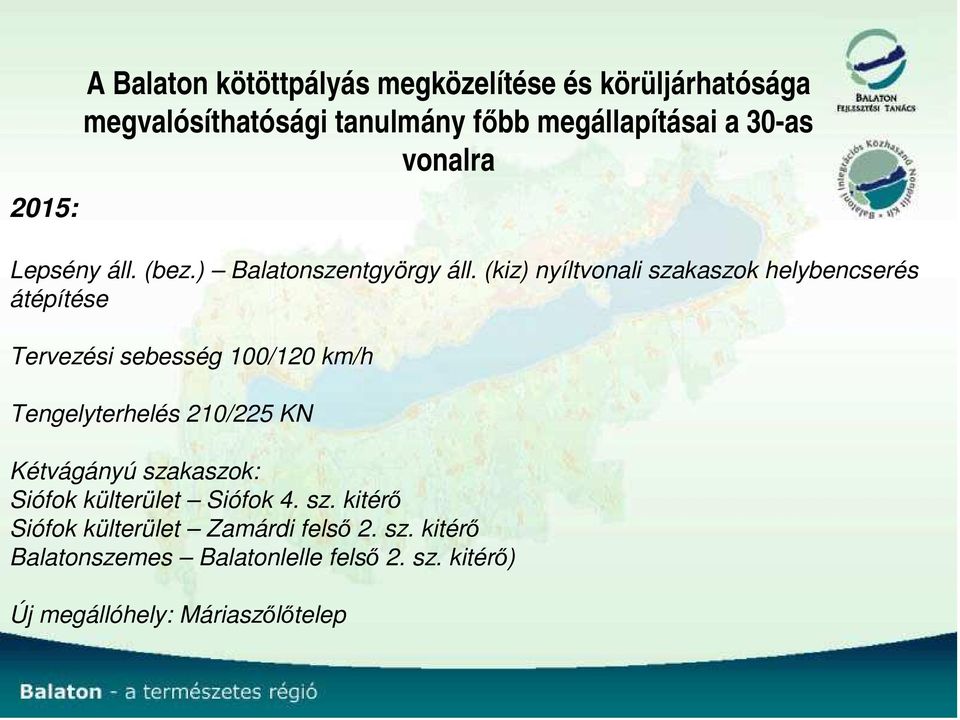 (kiz) nyíltvonali szakaszok helybencserés átépítése Tervezési sebesség 100/120 km/h Tengelyterhelés 210/225 KN