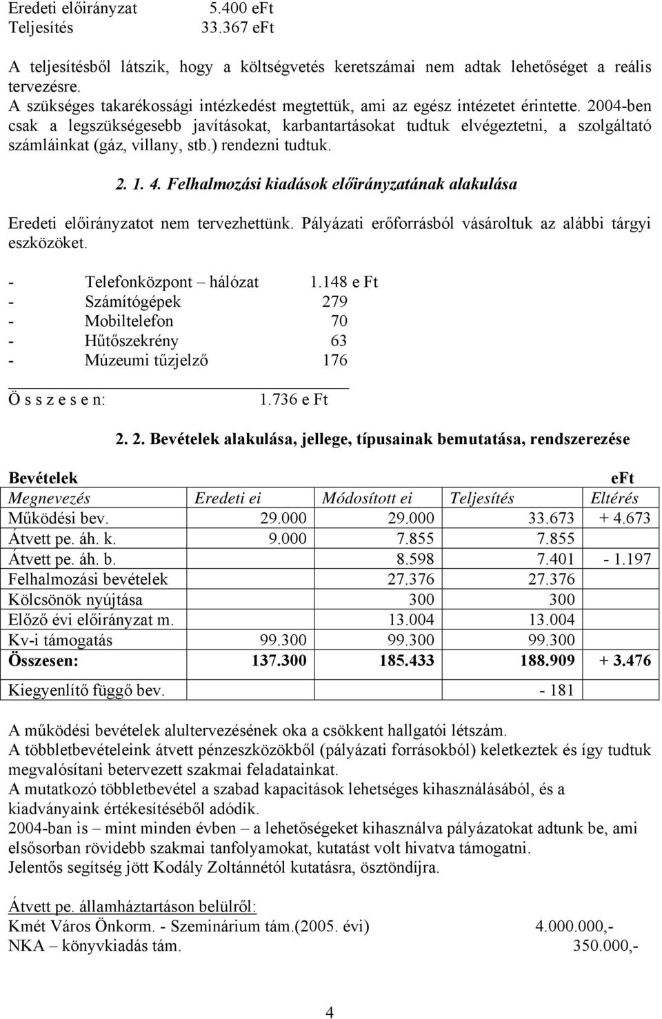 2004-ben csak a legszükségesebb javításokat, karbantartásokat tudtuk elvégeztetni, a szolgáltató számláinkat (gáz, villany, stb.) rendezni tudtuk. 2. 1. 4.