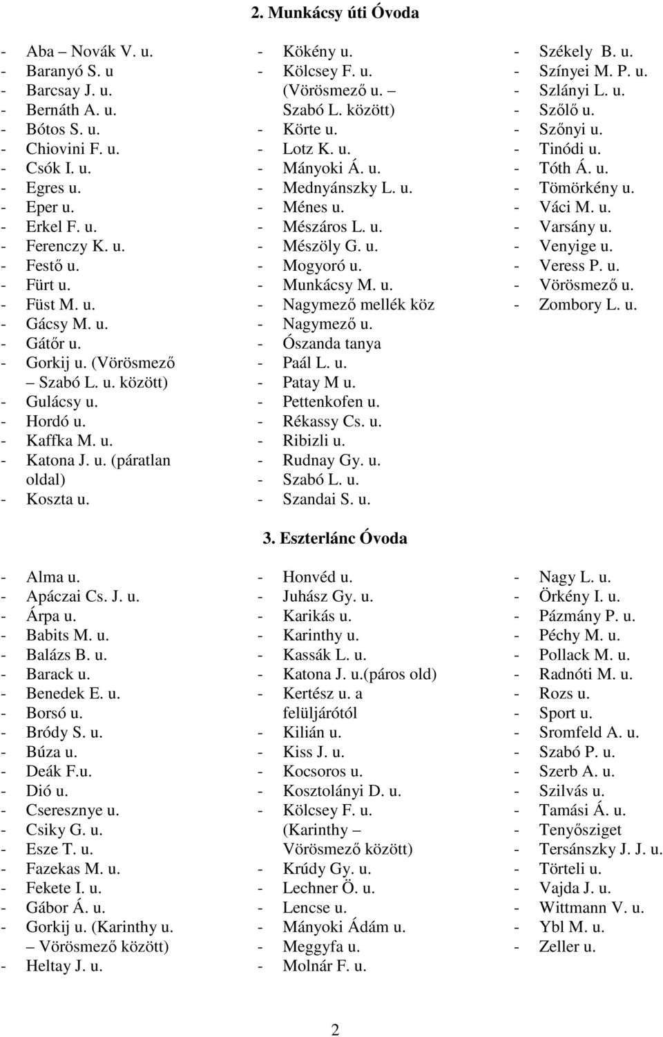 u. - Barack u. - Benedek E. u. - Borsó u. - Bródy S. u. - Búza u. - Deák F.u. - Dió u. - Cseresznye u. - Csiky G. u. - Esze T. u. - Fazekas M. u. - Fekete I. u. - Gábor Á. u. - Gorkij u. (Karinthy u.