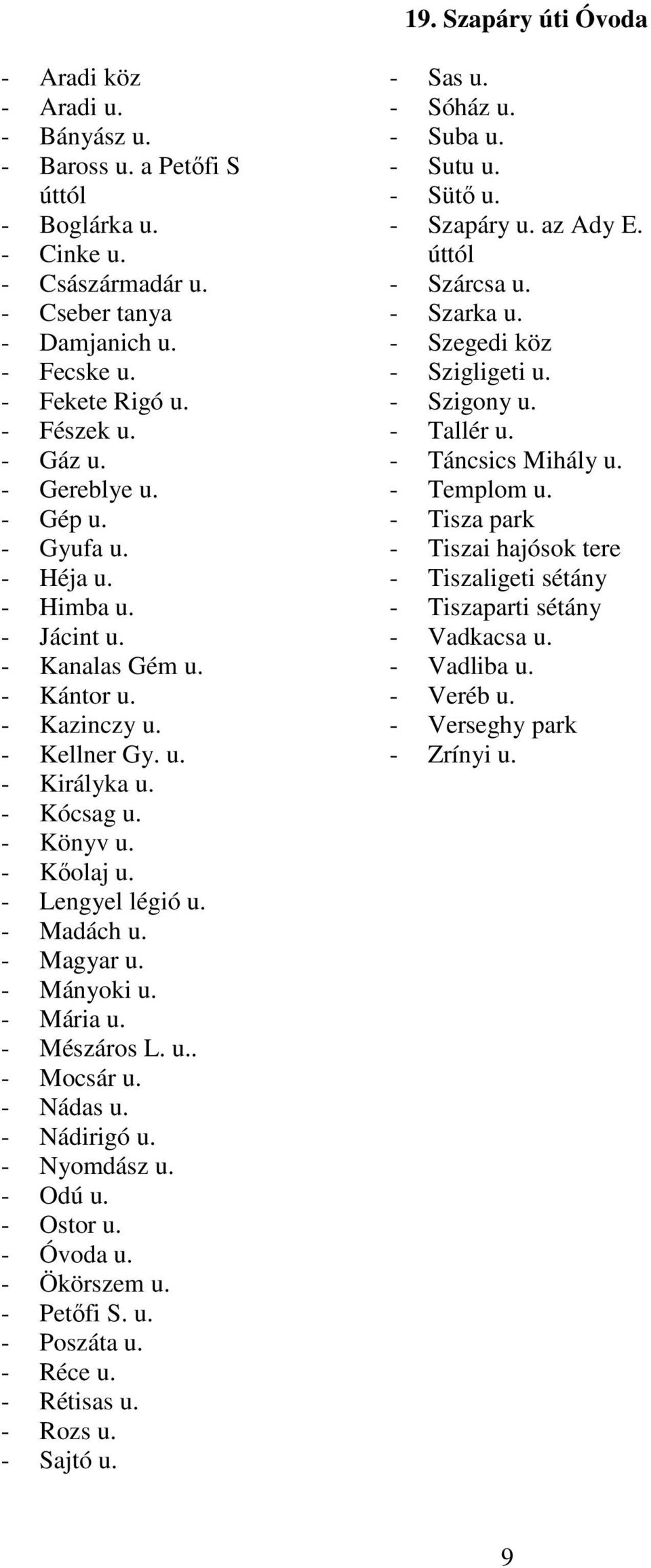 - Lengyel légió u. - Madách u. - Magyar u. - Mányoki u. - Mária u. - Mészáros L. u.. - Mocsár u. - Nádas u. - Nádirigó u. - Nyomdász u. - Odú u. - Ostor u. - Óvoda u. - Ökörszem u. - Petőfi S. u. - Poszáta u.