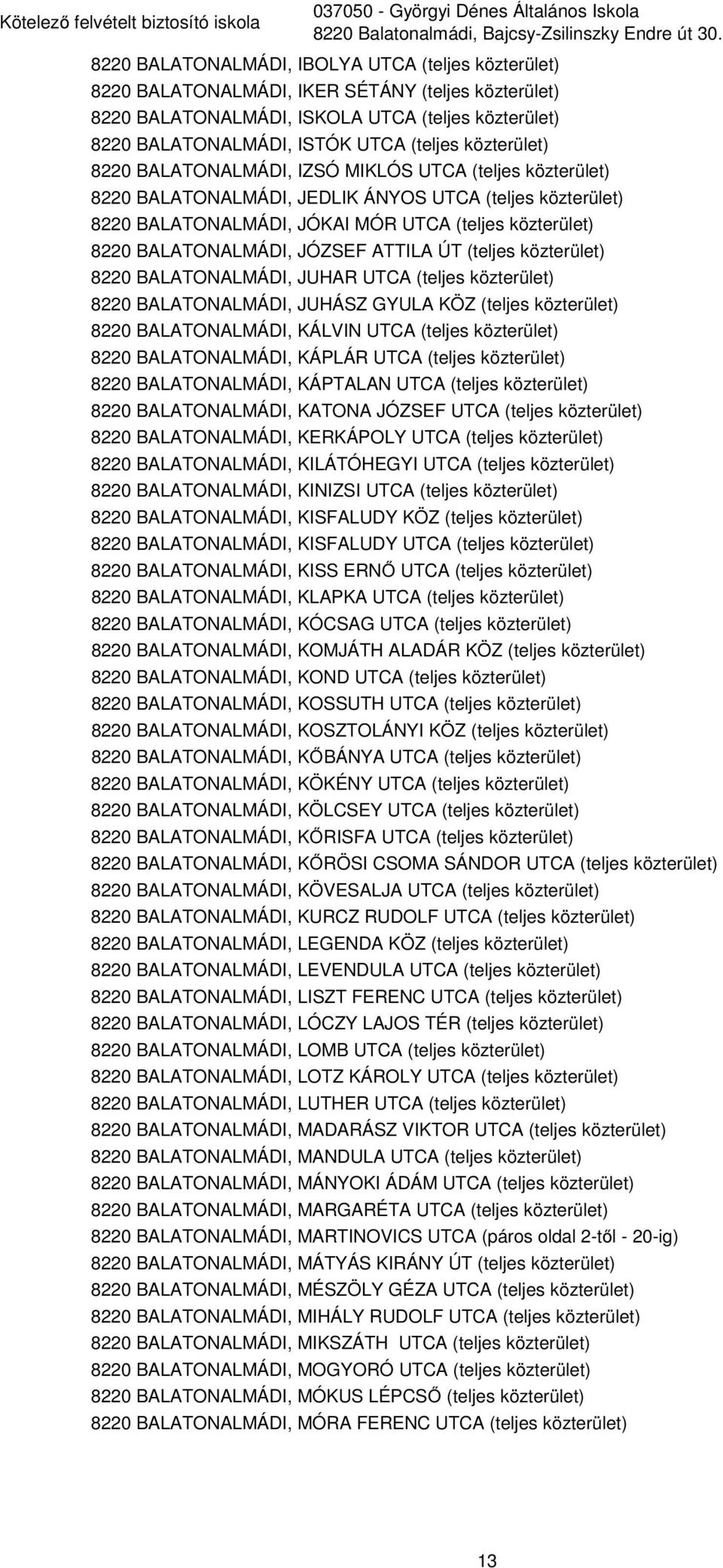 közterület) 8220 BALATONALMÁDI, IZSÓ MIKLÓS UTCA (teljes közterület) 8220 BALATONALMÁDI, JEDLIK ÁNYOS UTCA (teljes közterület) 8220 BALATONALMÁDI, JÓKAI MÓR UTCA (teljes közterület) 8220