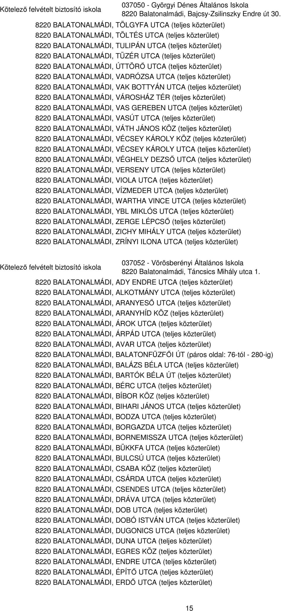 közterület) 8220 BALATONALMÁDI, ÚTTÖRŐ UTCA (teljes közterület) 8220 BALATONALMÁDI, VADRÓZSA UTCA (teljes közterület) 8220 BALATONALMÁDI, VAK BOTTYÁN UTCA (teljes közterület) 8220 BALATONALMÁDI,