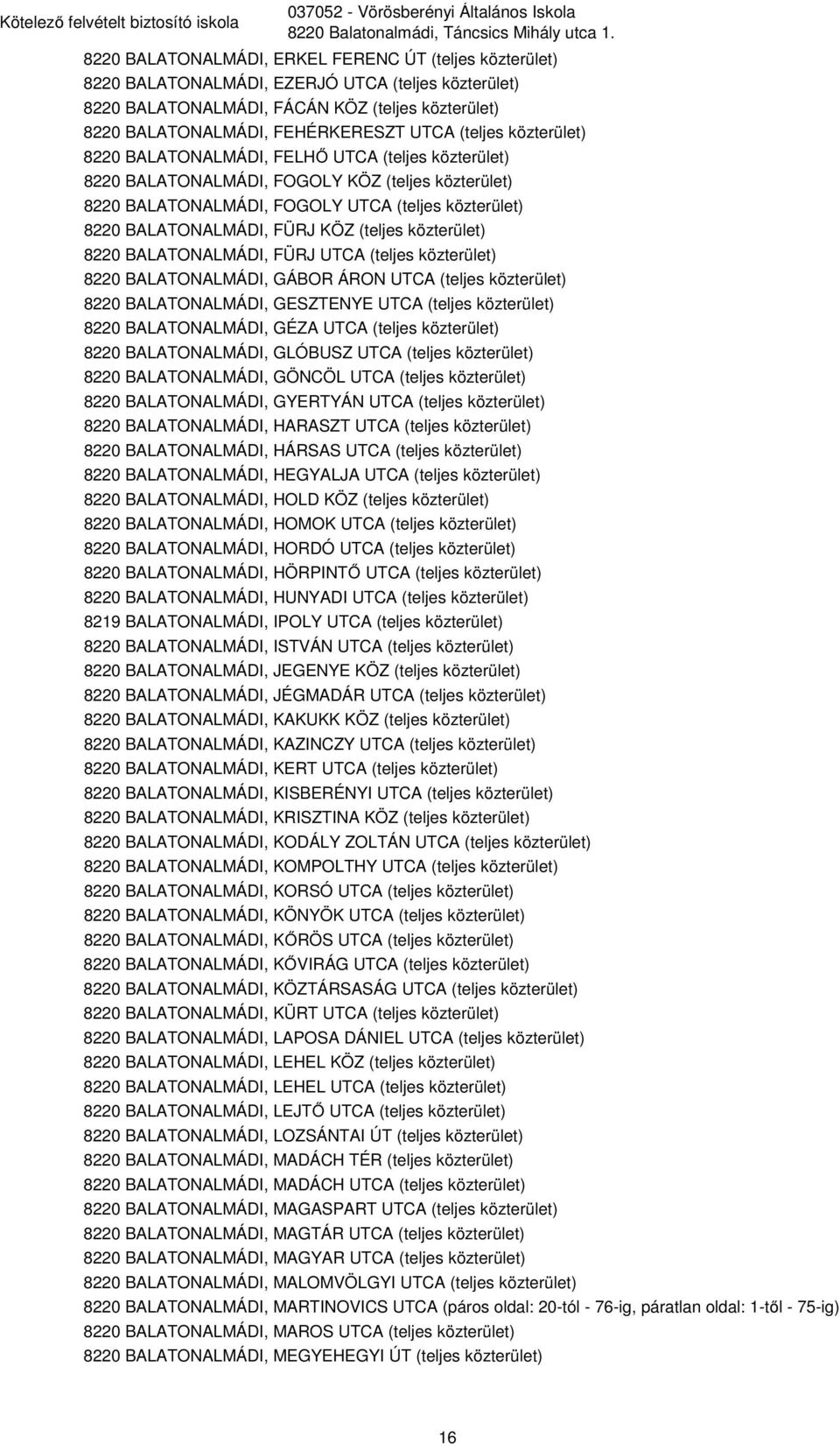 (teljes közterület) 8220 BALATONALMÁDI, FELHŐ UTCA (teljes közterület) 8220 BALATONALMÁDI, FOGOLY KÖZ (teljes közterület) 8220 BALATONALMÁDI, FOGOLY UTCA (teljes közterület) 8220 BALATONALMÁDI, FÜRJ