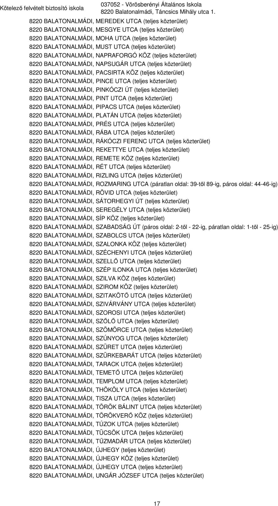 közterület) 8220 BALATONALMÁDI, NAPRAFORGÓ KÖZ (teljes közterület) 8220 BALATONALMÁDI, NAPSUGÁR UTCA (teljes közterület) 8220 BALATONALMÁDI, PACSIRTA KÖZ (teljes közterület) 8220 BALATONALMÁDI, PINCE