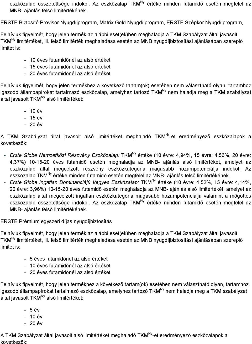 Nemzetközi Részvény Eszközalap: TKM Ny értéke (10 évre: 4,94%, 15 évre: 4,56%, 20 évre: 4,37%) 10-15-20 éves futamidő esetén meghaladja az MNB- ajánlás alsó limitértékét, amelyet az eszközalap által