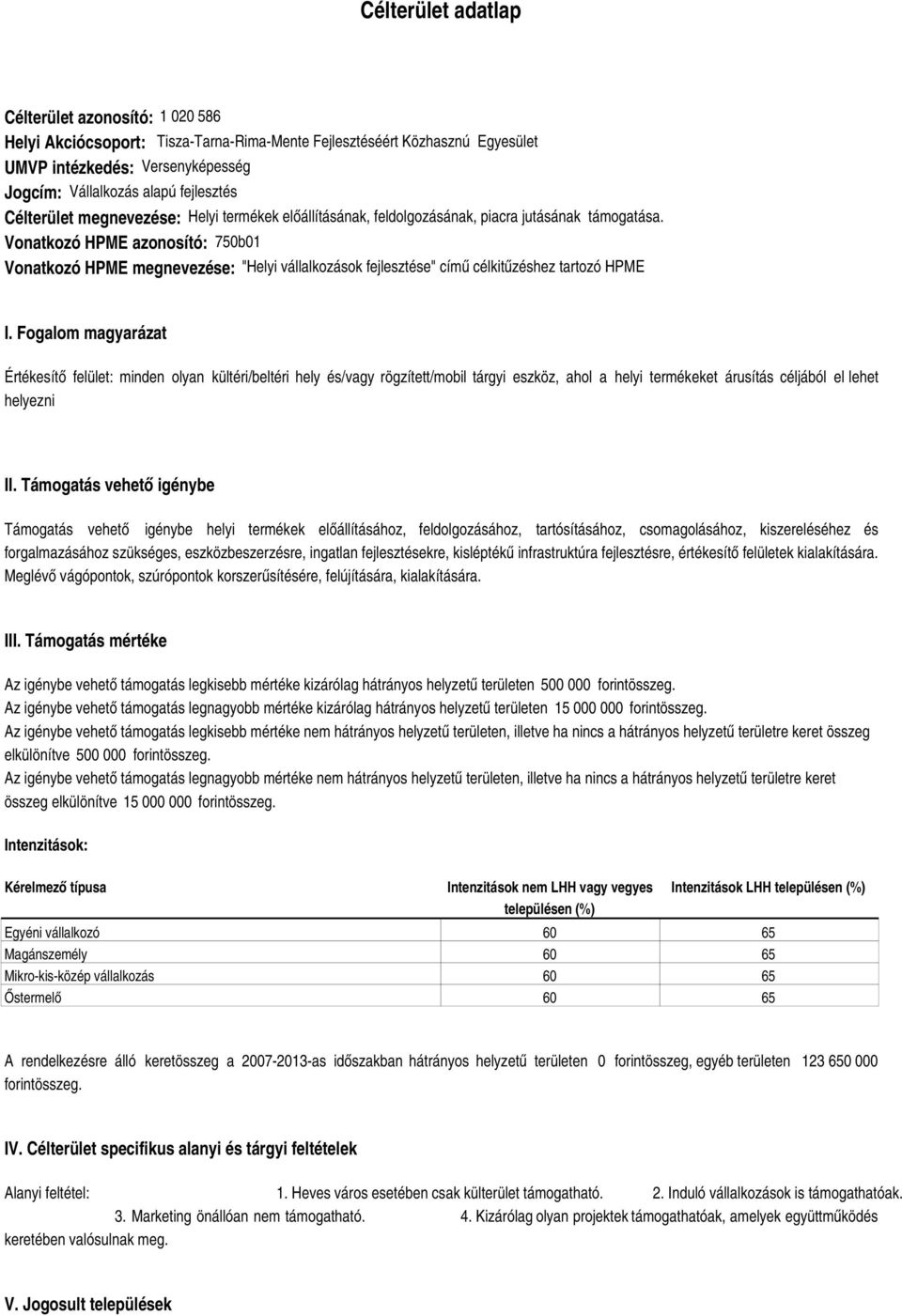 Vonatkozó HPME azonosító: 750b01 Vonatkozó HPME megnevezése: "Helyi vállalkozások fejlesztése" című célkitűzéshez tartozó HPME I.