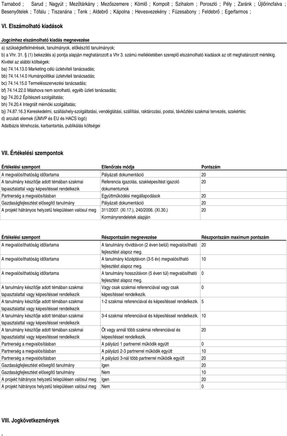 (1) bekezdés a) pontja alapján meghatározott a Vhr 3. számú mellékletében szereplő elszámolható kiadások az ott meghatározott mértékig. Kivétel az alábbi költségek: ba) 74.14.13.