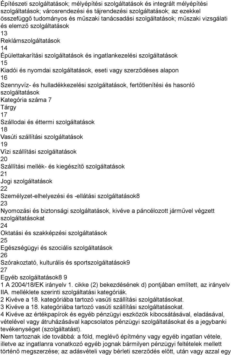 vagy szerződéses alapon 16 Szennyvíz- és hulladékkezelési szolgáltatások, fertőtlenítési és hasonló szolgáltatások Kategória száma 7 Tárgy 17 Szállodai és éttermi szolgáltatások 18 Vasúti szállítási