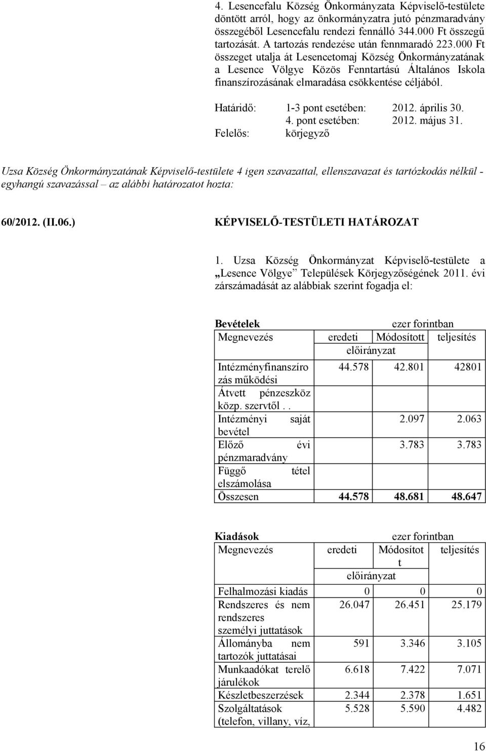 000 Ft összeget utalja át Lesencetomaj Község Önkormányzatának a Lesence Völgye Közös Fenntartású Általános Iskola finanszírozásának elmaradása csökkentése céljából. 1-3 pont esetében: 2012.