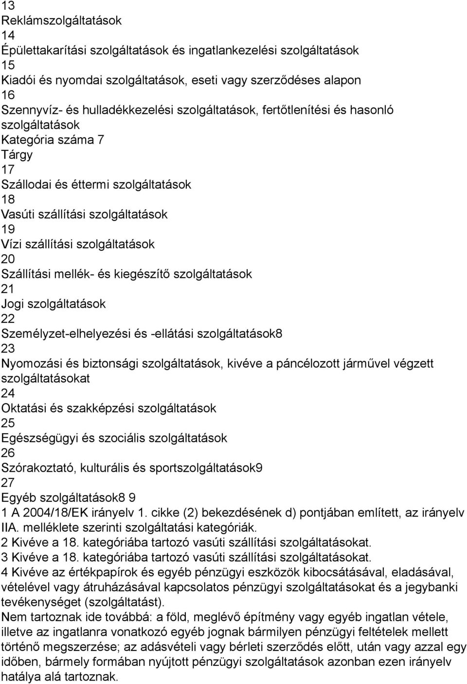 Szállítási mellék- és kiegészítő szolgáltatások 21 Jogi szolgáltatások 22 Személyzet-elhelyezési és -ellátási szolgáltatások8 23 Nyomozási és biztonsági szolgáltatások, kivéve a páncélozott járművel