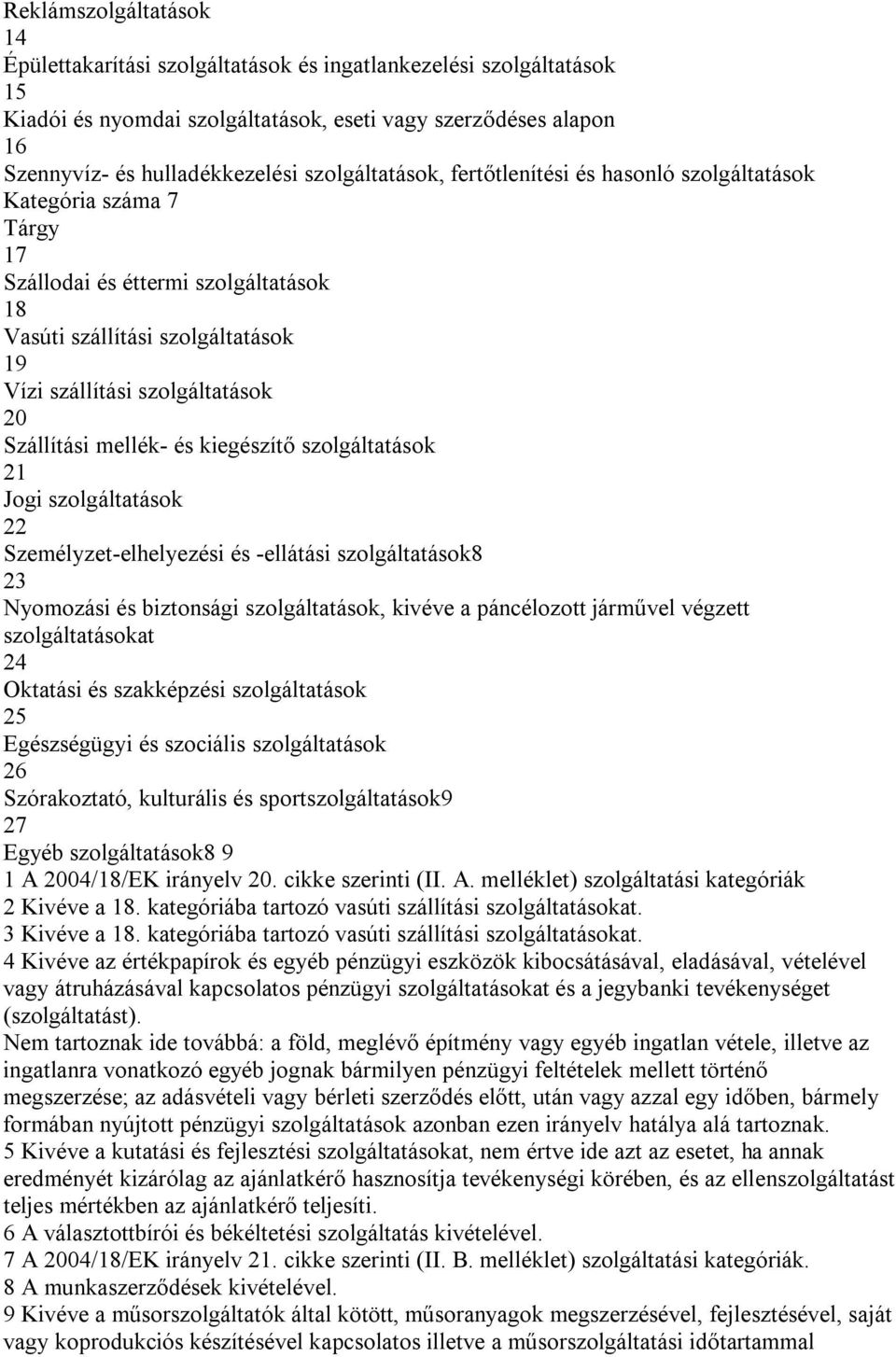 Szállítási mellék- és kiegészítő szolgáltatások 21 Jogi szolgáltatások 22 Személyzet-elhelyezési és -ellátási szolgáltatások8 23 Nyomozási és biztonsági szolgáltatások, kivéve a páncélozott járművel