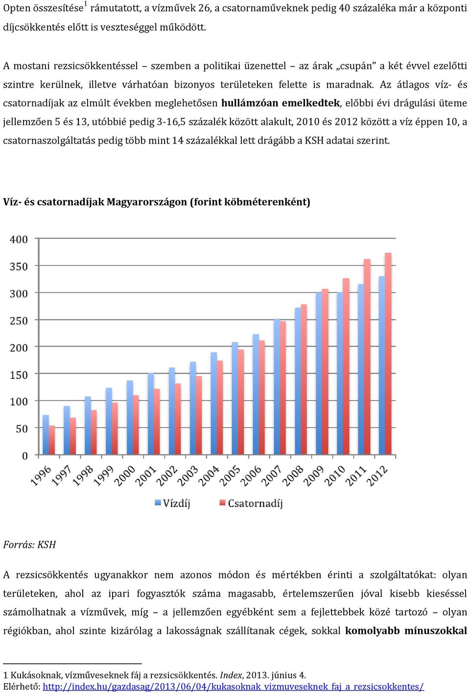 Az átlagos víz- és csatornadíjak az elmúlt években meglehetősen hullámzóan emelkedtek, előbbi évi drágulási üteme jellemzően 5 és 13, utóbbié pedig 3-16,5 százalék között alakult, 2010 és 2012 között