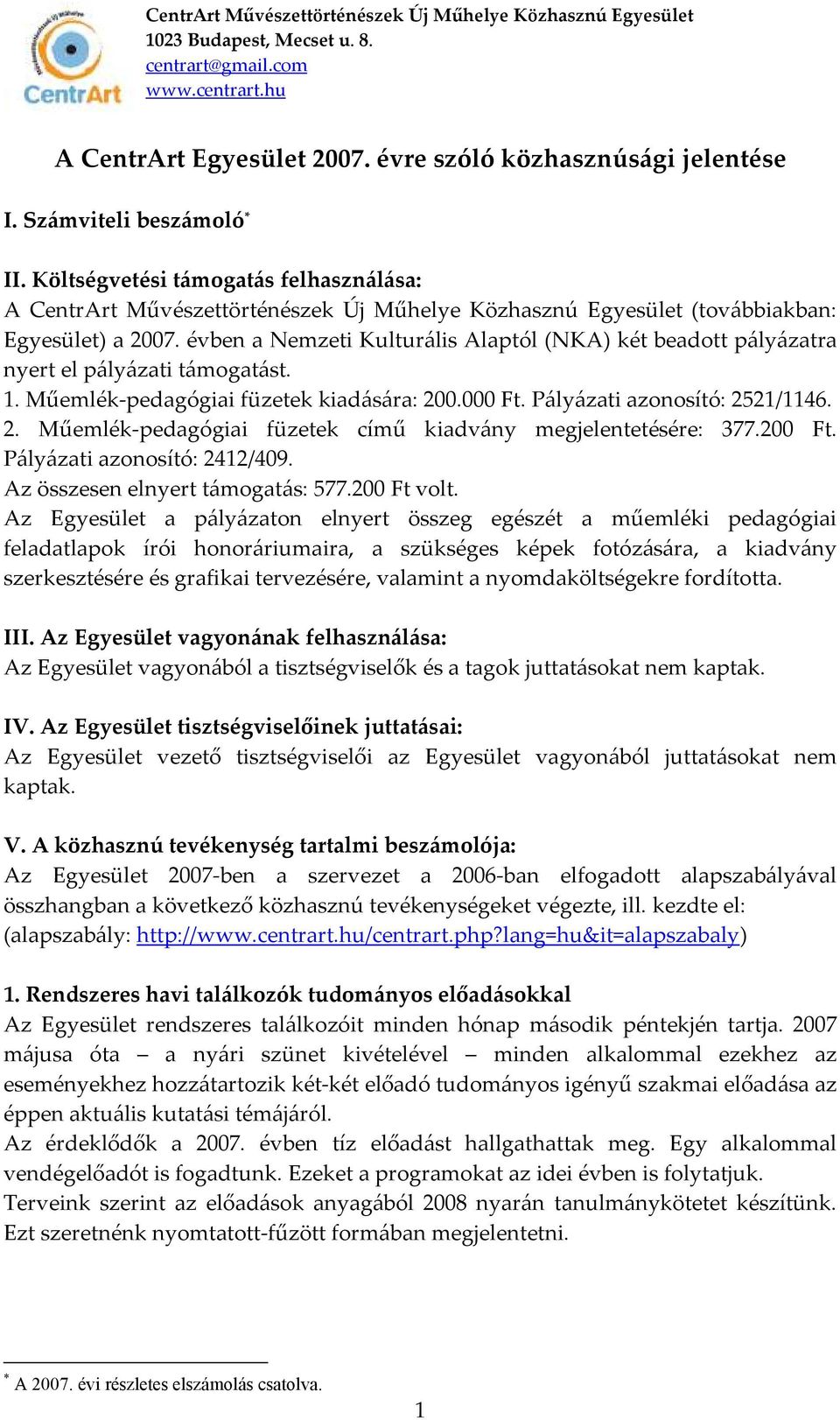 évben a Nemzeti Kulturális Alaptól (NKA) két beadott pályázatra nyert el pályázati támogatást. 1. Műemlék-pedagógiai füzetek kiadására: 20