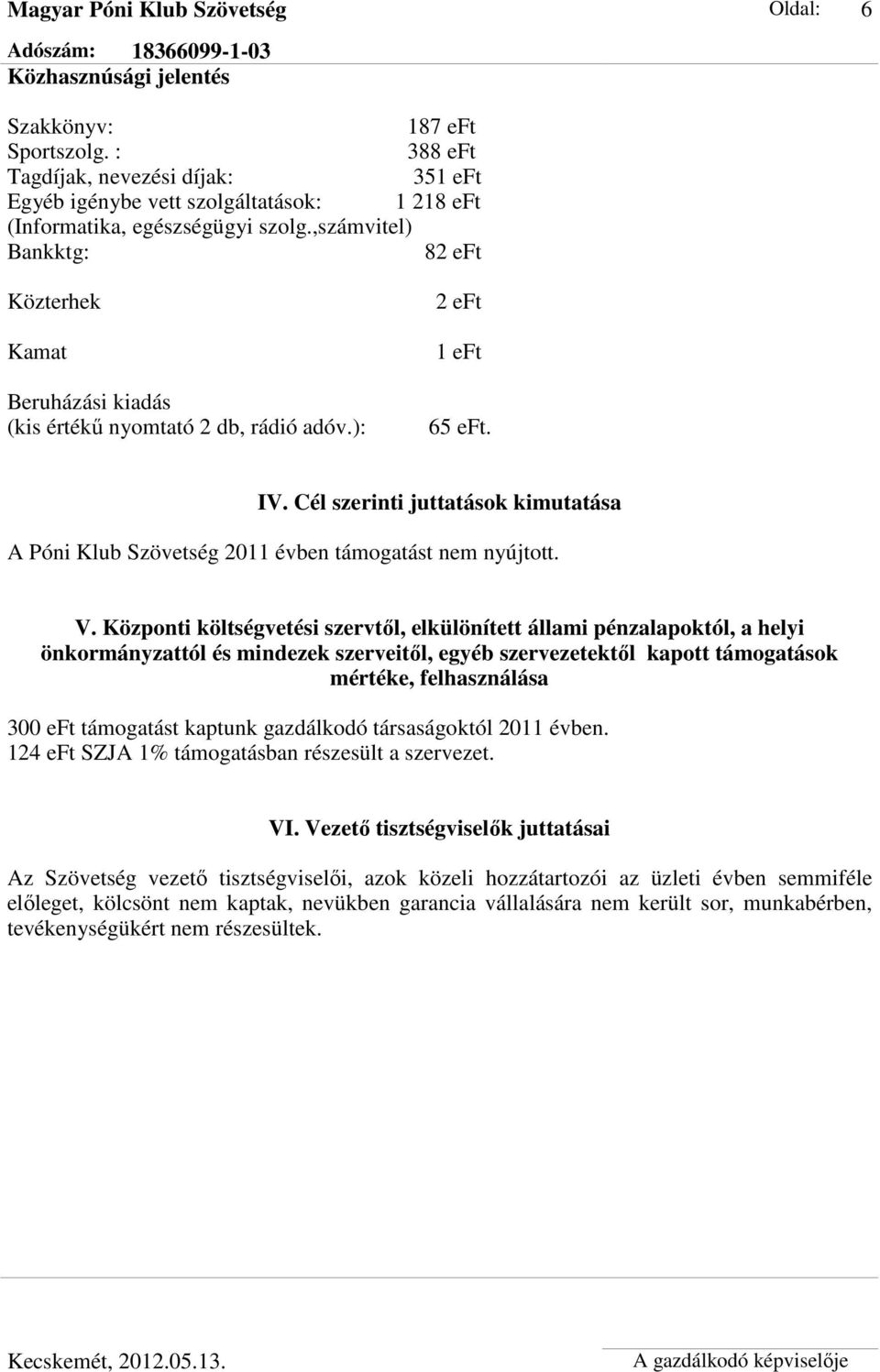 Cél szerinti juttatások kimutatása A Póni Klub Szövetség 2011 évben támogatást nem nyújtott. V.