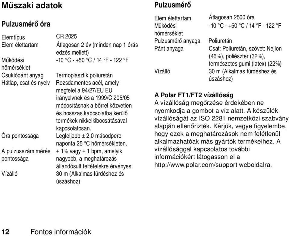 nikkelkibocsátásával kapcsolatosan. Óra pontossága Legfeljebb ± 2,0 másodperc naponta 25 C hőmérsékleten.