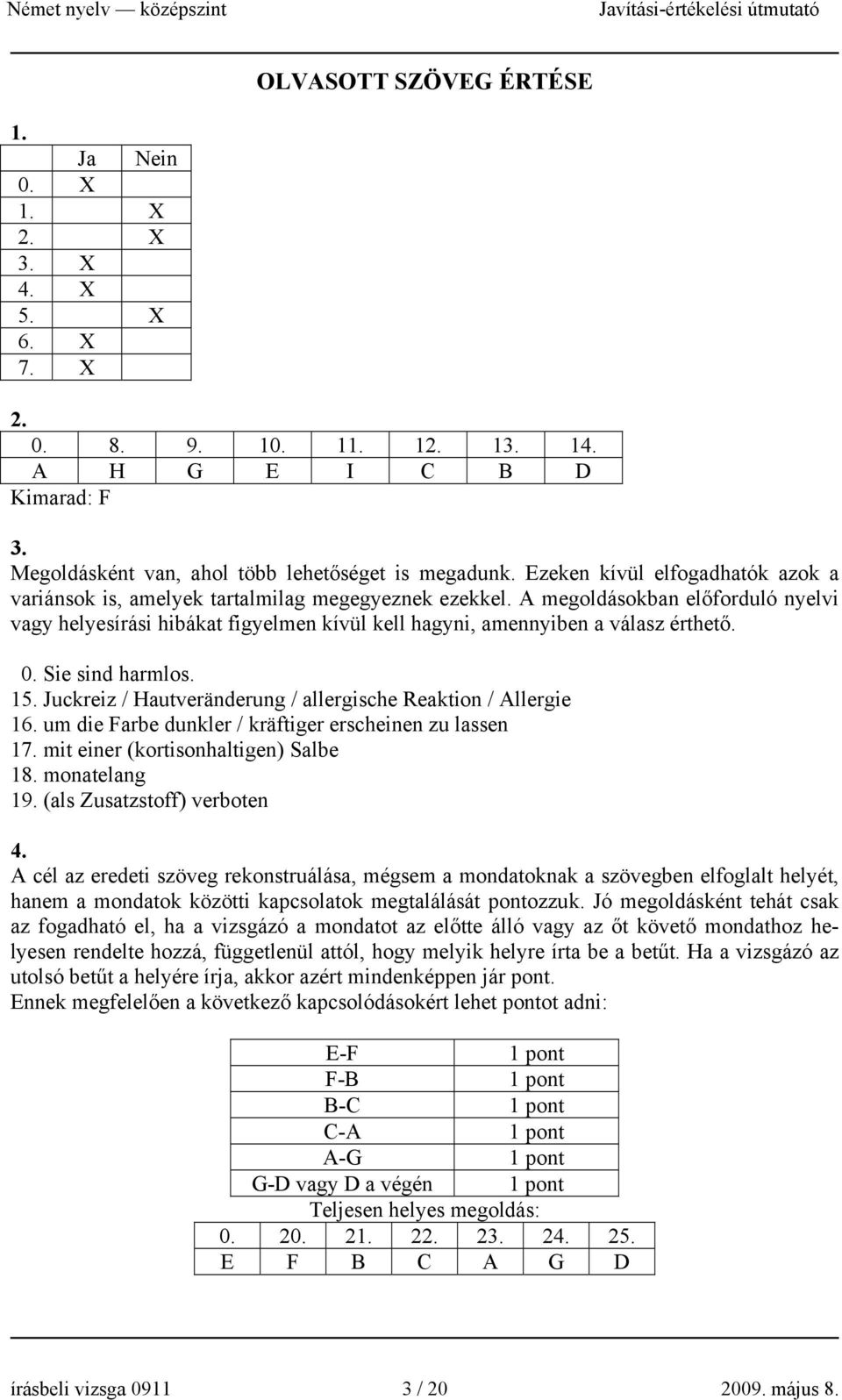 A megoldásokban előforduló nyelvi vagy helyesírási hibákat figyelmen kívül kell hagyni, amennyiben a válasz érthető. 0. Sie sind harmlos. 15.