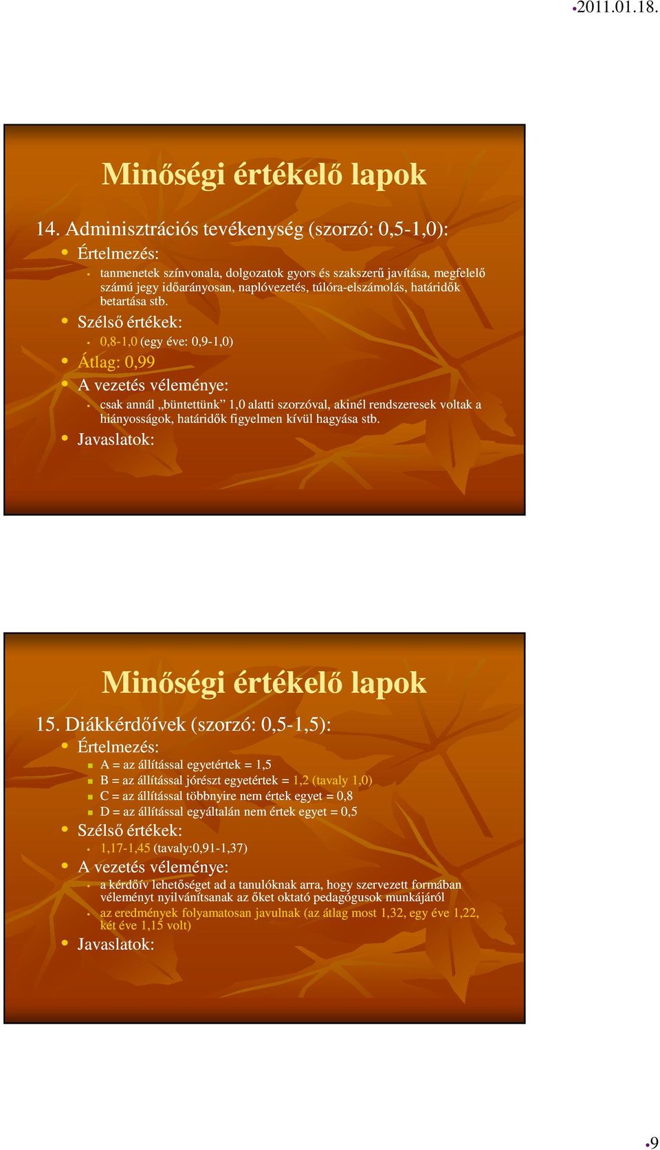 Diákkérdőívek (szorzó: 0,5-1,5): A = az állítással egyetértek = 1,5 B = az állítással jórészt egyetértek = 1,2 (tavaly 1,0) C = az állítással többnyire nem értek egyet = 0,8 D = az állítással
